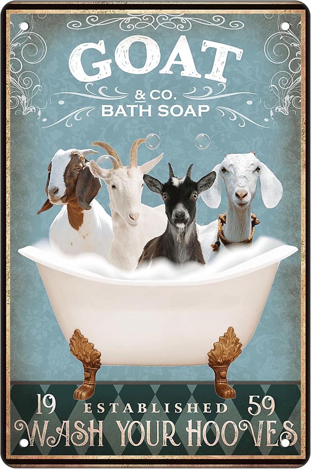 Vintage Funny Bathroom Decor Tin Sign Goat Co Bath Soap Metal Poster Retro Plaque Wall Decor Gift For Garden Men Cave Garage Classroom Library Living Room School 16x24 Inch
