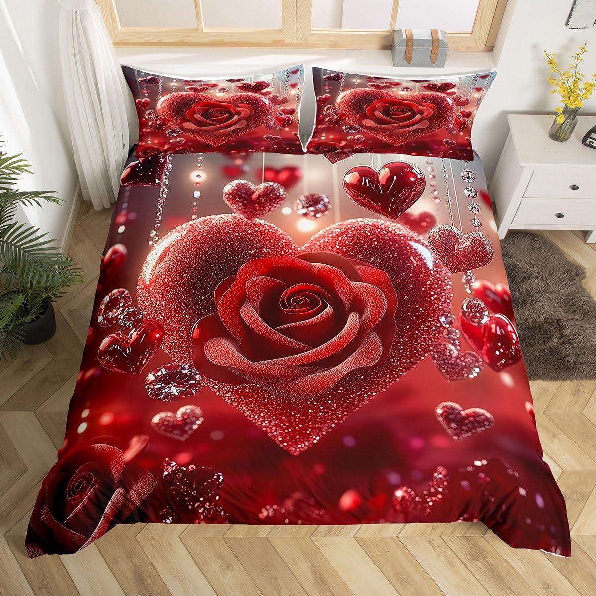 Manfei Red Rose Duvet Cover Set Toddler Size, Romantic Hearts Print Bedding Set 2pcs, Valentine's Day Comforter Cover, Girls Lovers Room Decor, Soft Polyester Quilt Cover, 1 Pillowcase, No Comforter
