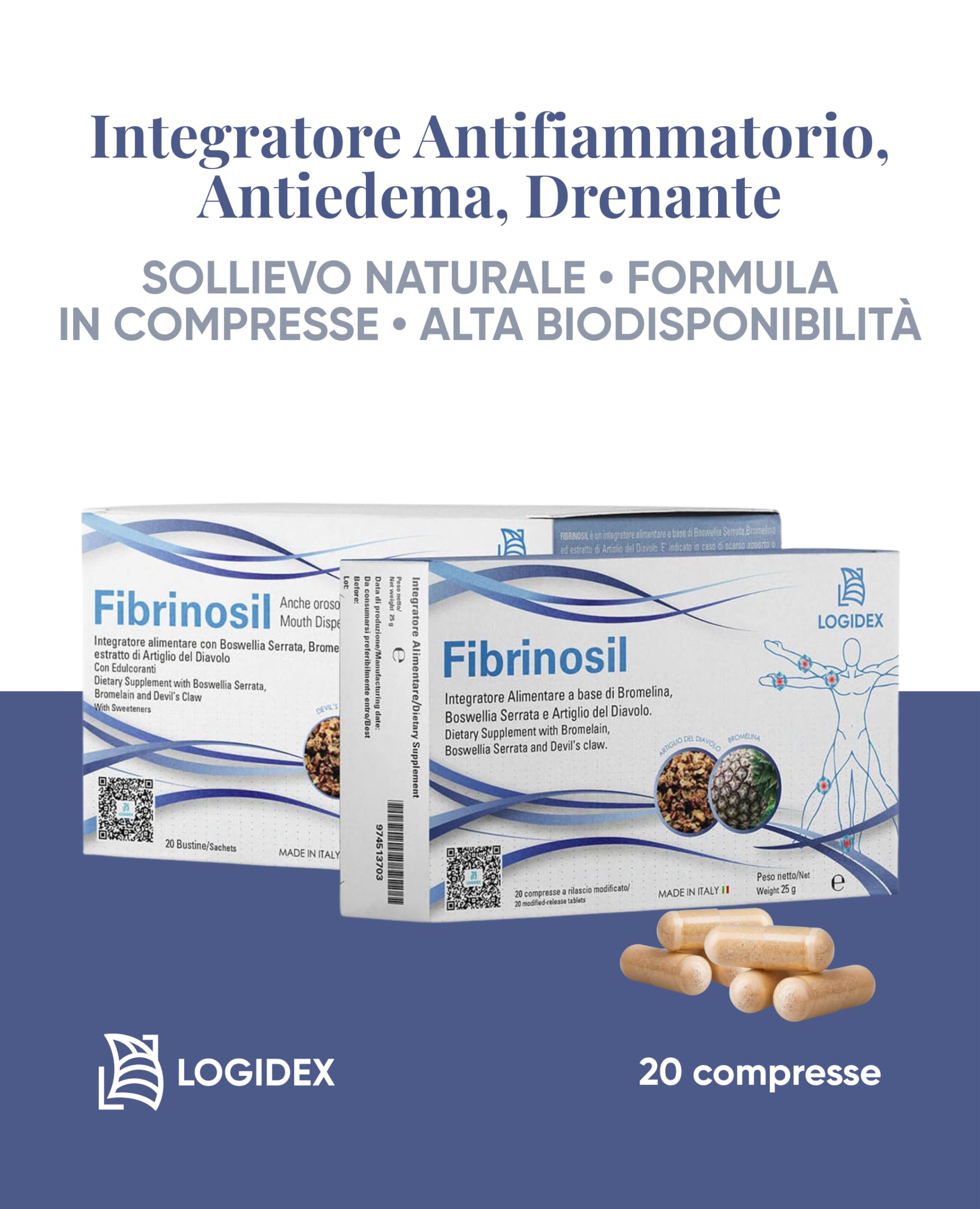 Fibrinosil - Integratore Antinfiammatorio Naturale Dolori Articolari e Muscolari con Artiglio del Diavolo Forte, Bromelina e Boswellia, Miorilassante muscolare – 20 Compresse – Logidex