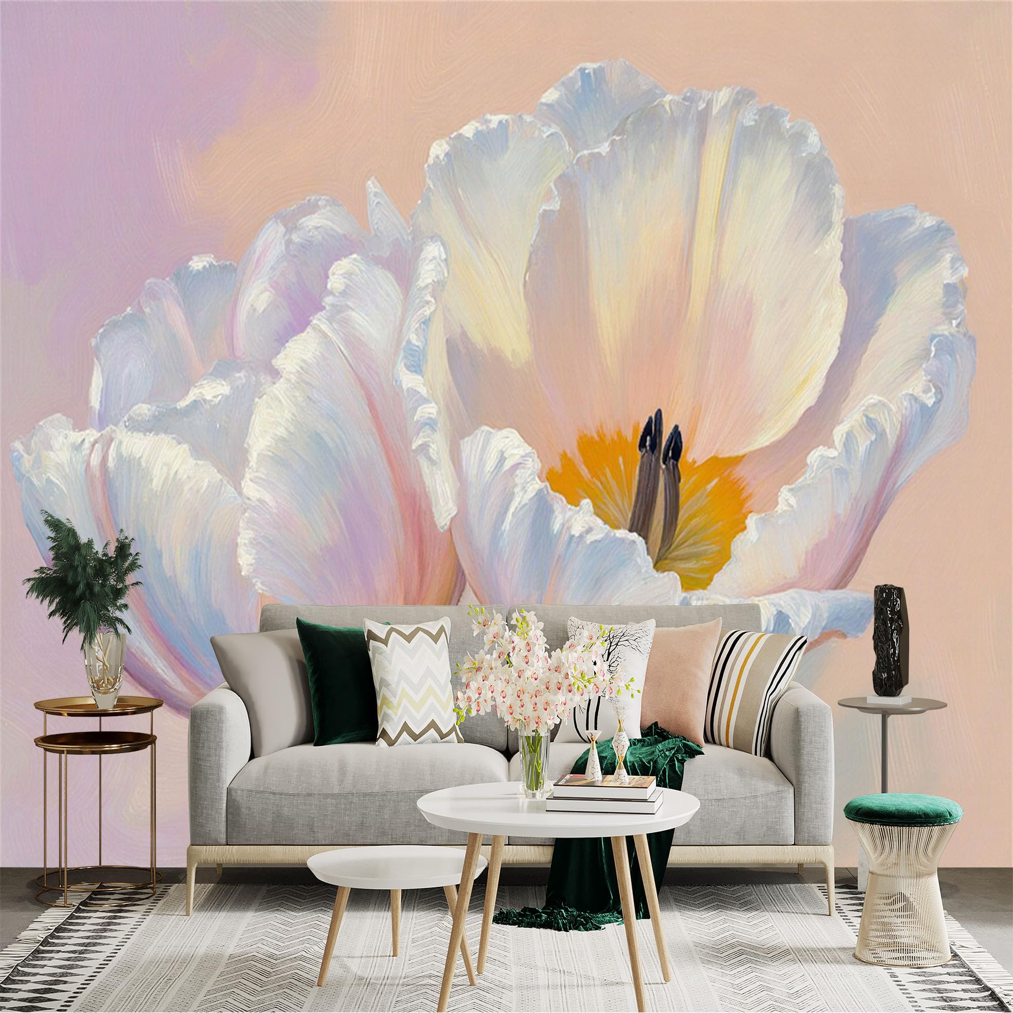 Custom Size Wall Sticker Mural， Elegant Oil Painting Style White Flowers， Soft Pastel Petals， Botanical Art Aesthetic， for wall Decoration， peelandstick wall Decals.