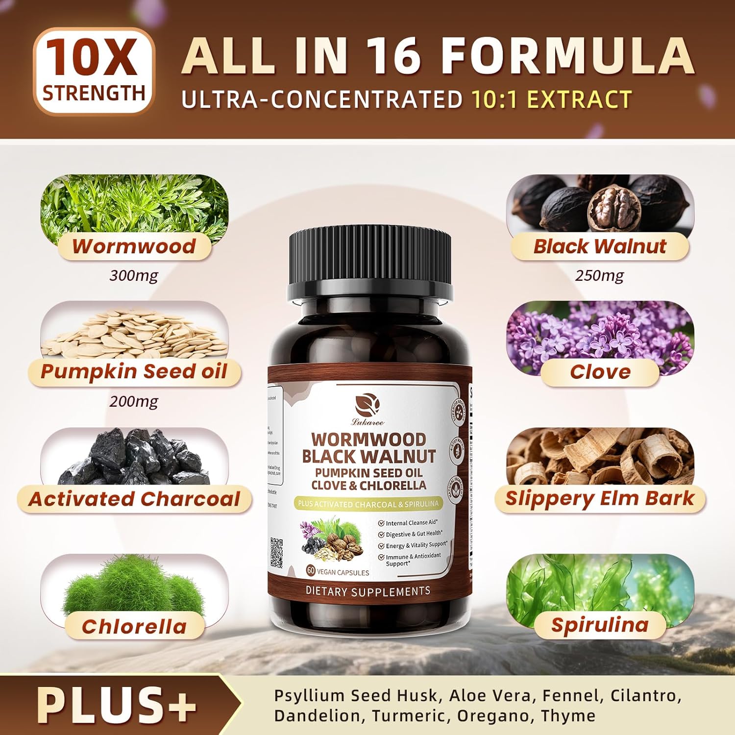 Lukaree Wormwood Black Walnut Cleanse for Human 1200mg – Ultra Gut Cleanse & Digestive Health w/Pumpkin Seed Oil,Clove,Activated Charcoal -10X Concentrated, Men & Women Probiotic Capsules -Vegan,60 CT thumbnail