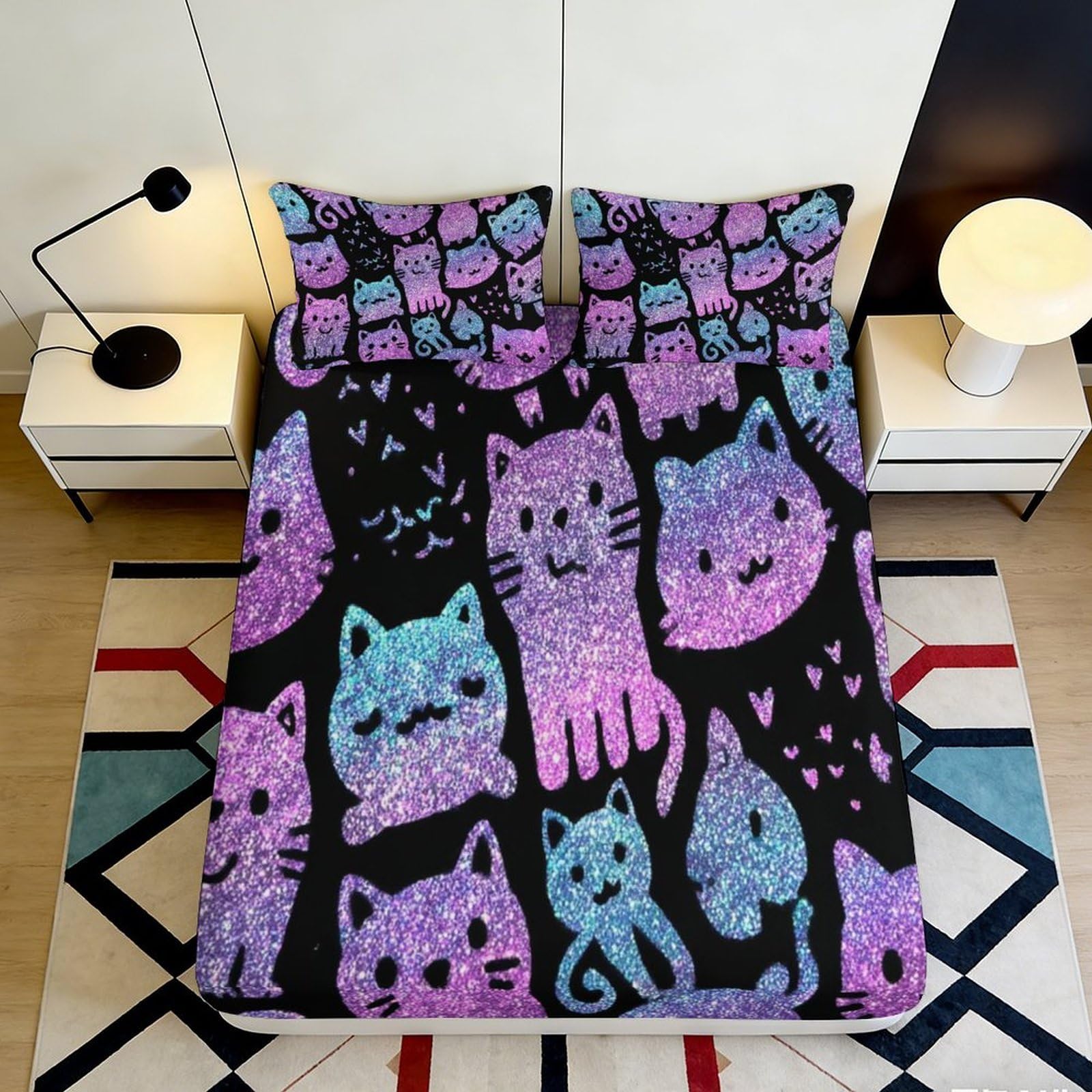 Uynsixtme Style-3 3D Printed Fantasy Cats Fitted Sheet Microfiber Deep Pocket Non-Slip Bedroom Bedding Cat Mattress Fitted Cover For Adults Teens 90X200x25cm