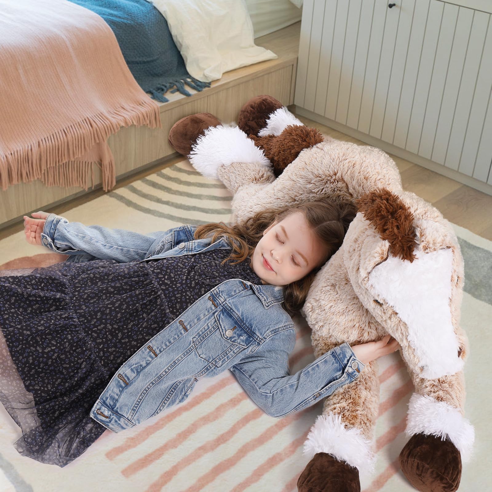47 Inch Giant Horse Stuffed Animal, Hugging 4ft Giant Soft Brown Horse Plush Body Pillow, Realistic Large Stuffed Pony Plush Toy Gift for Girls Boys 2