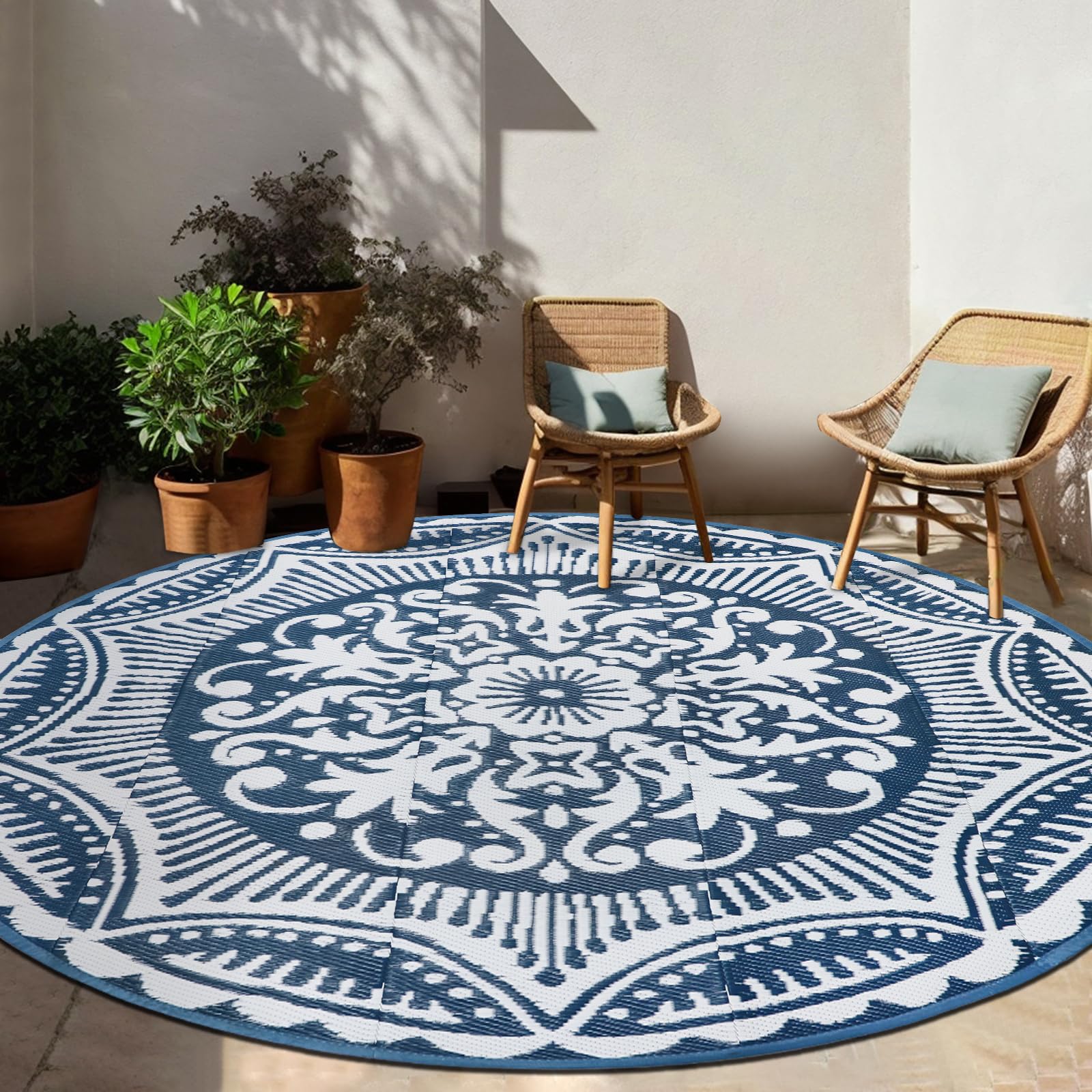Capslpad 6x6 Floral Outdoor Rug for Patio Clearance Reversible Mats Round Portable Plastic Straw Carpet Waterproof Boho Indoor Outside Area Rugs for