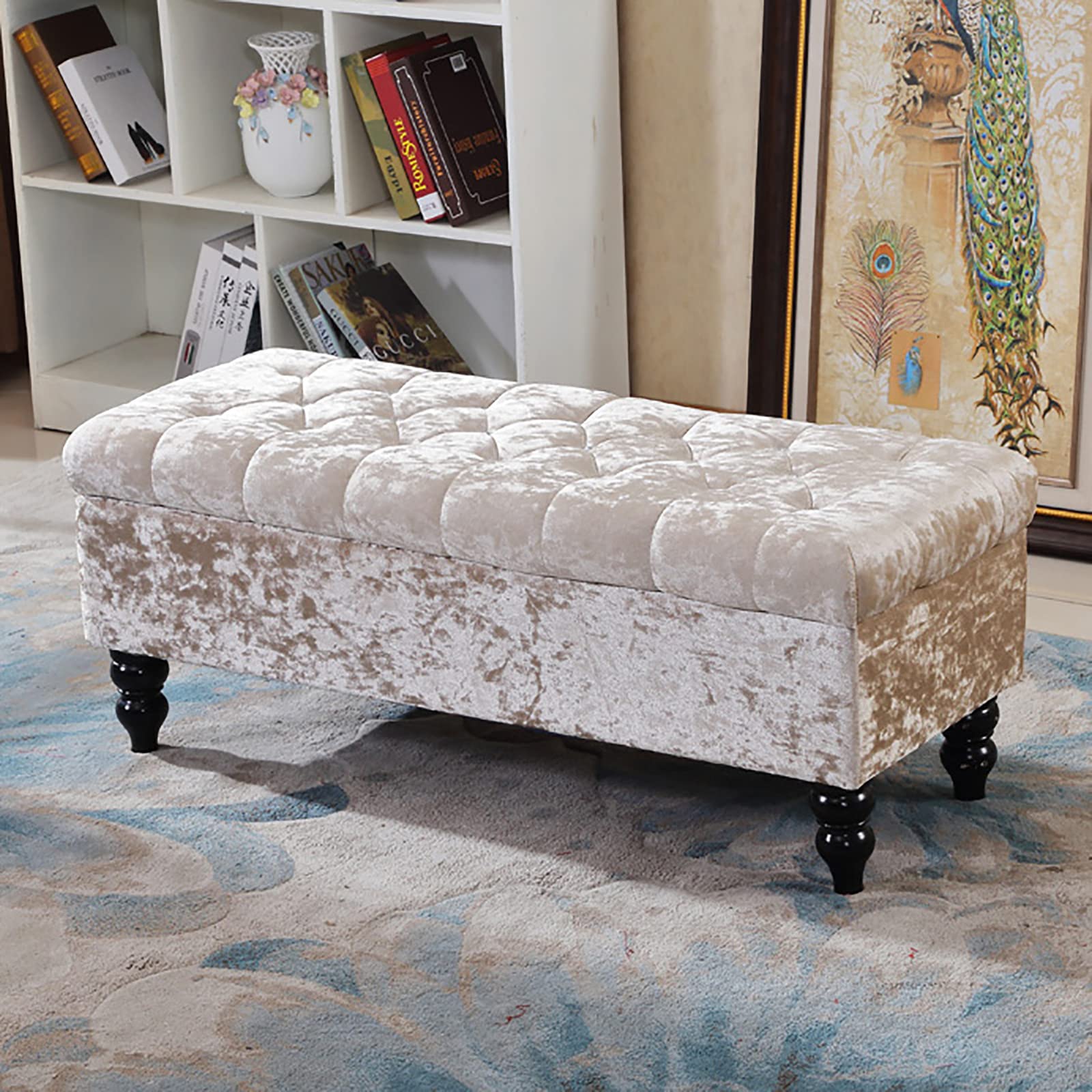 Reposapiés, Baúl Acolchado con Tapa, Banco para Zapatos, Taburete para pies con Tapa elevable para Sala de Estar, Banco de Almacenamiento tapizado en Terciopelo, Otomana rectangula