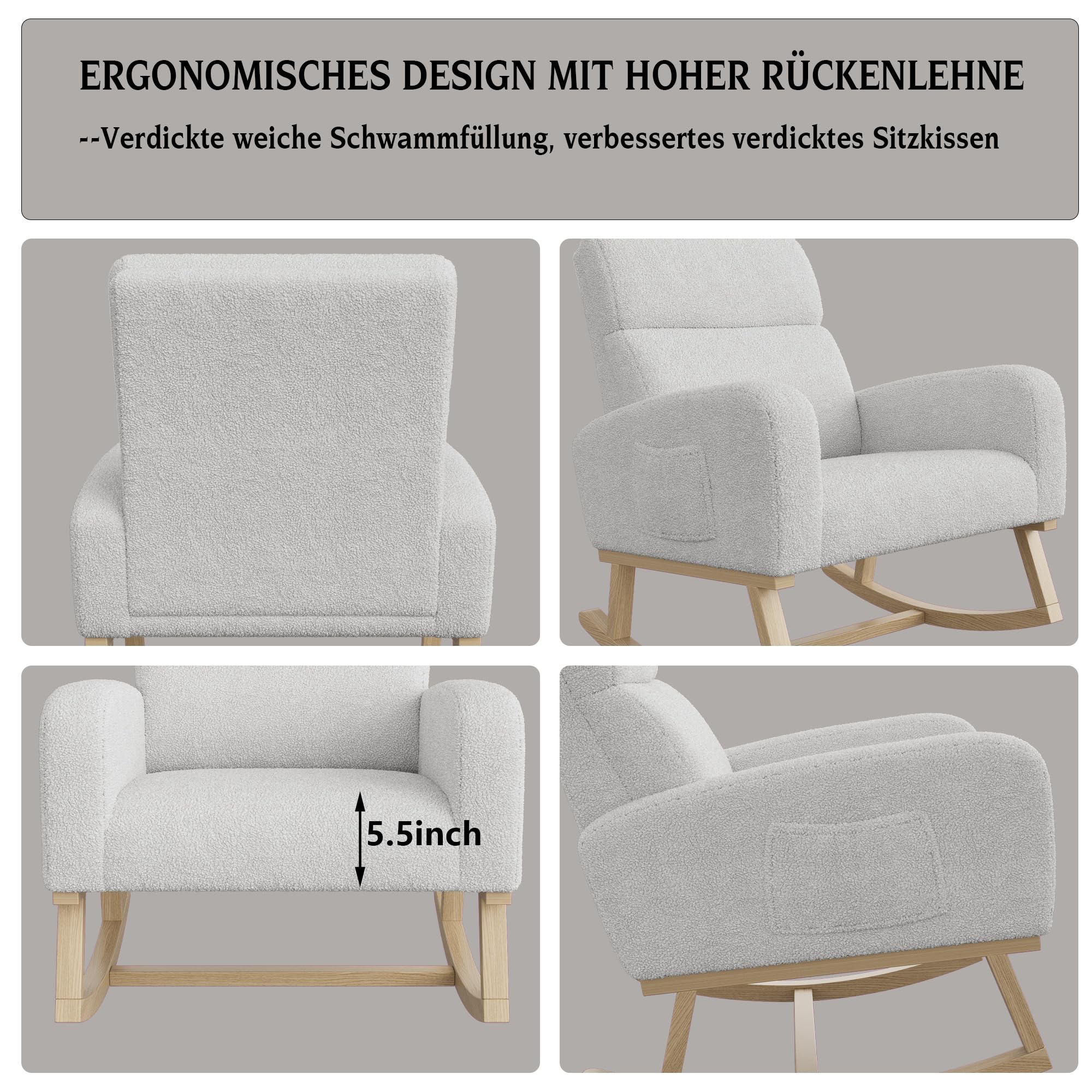 Sillón mecedora con base de madera y respaldo alto, sillón con 2 bolsillos laterales, tela de peluche, sillón relax para salón, dormitorio, zonas de descanso (gris claro)