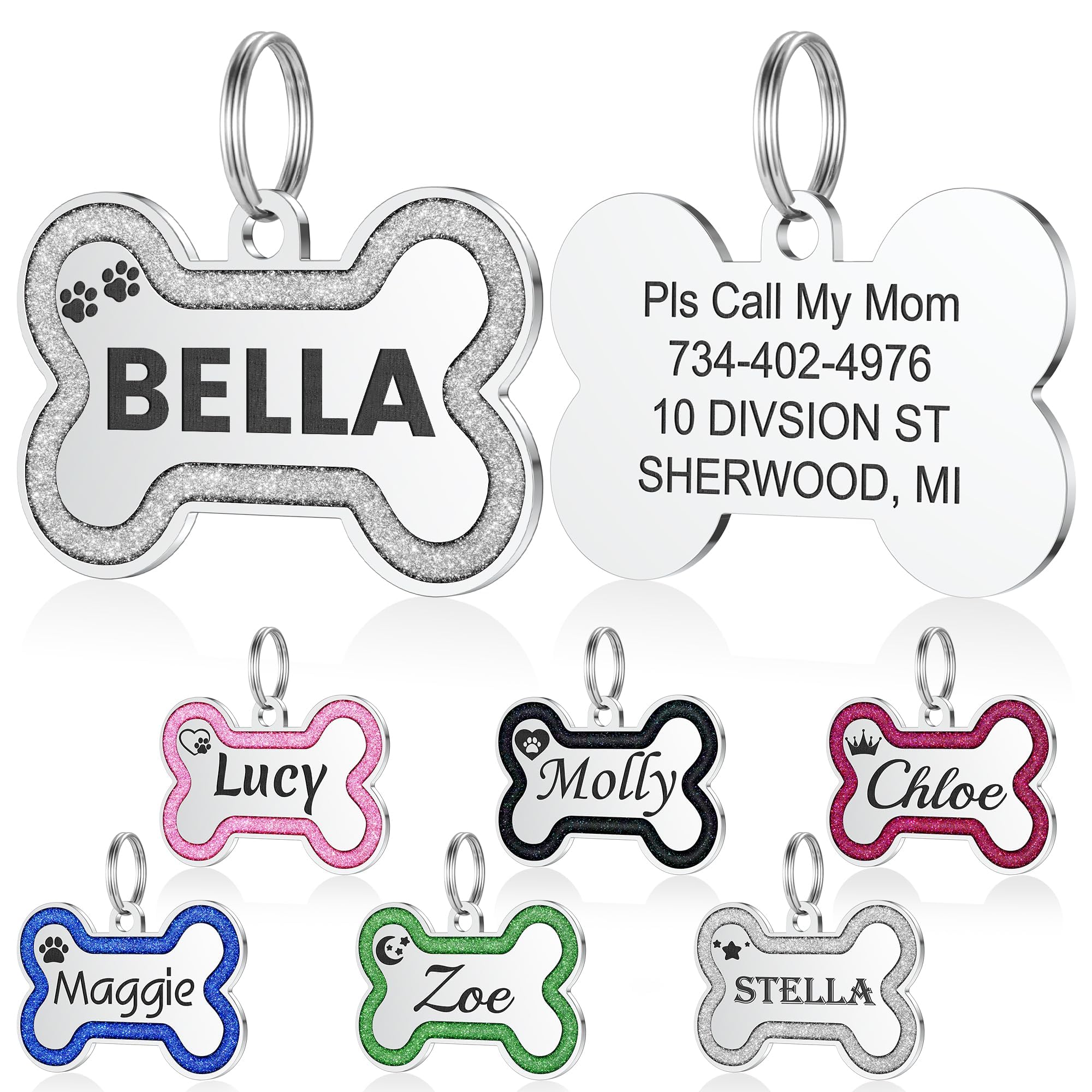 YEHANTI Dog Tags Personalized for Pets - Durable Stainless Steel Pet ID Tags with Lovely Icons, Glitter Bone Custom Dog Tags for Large Small Dogs Cats
