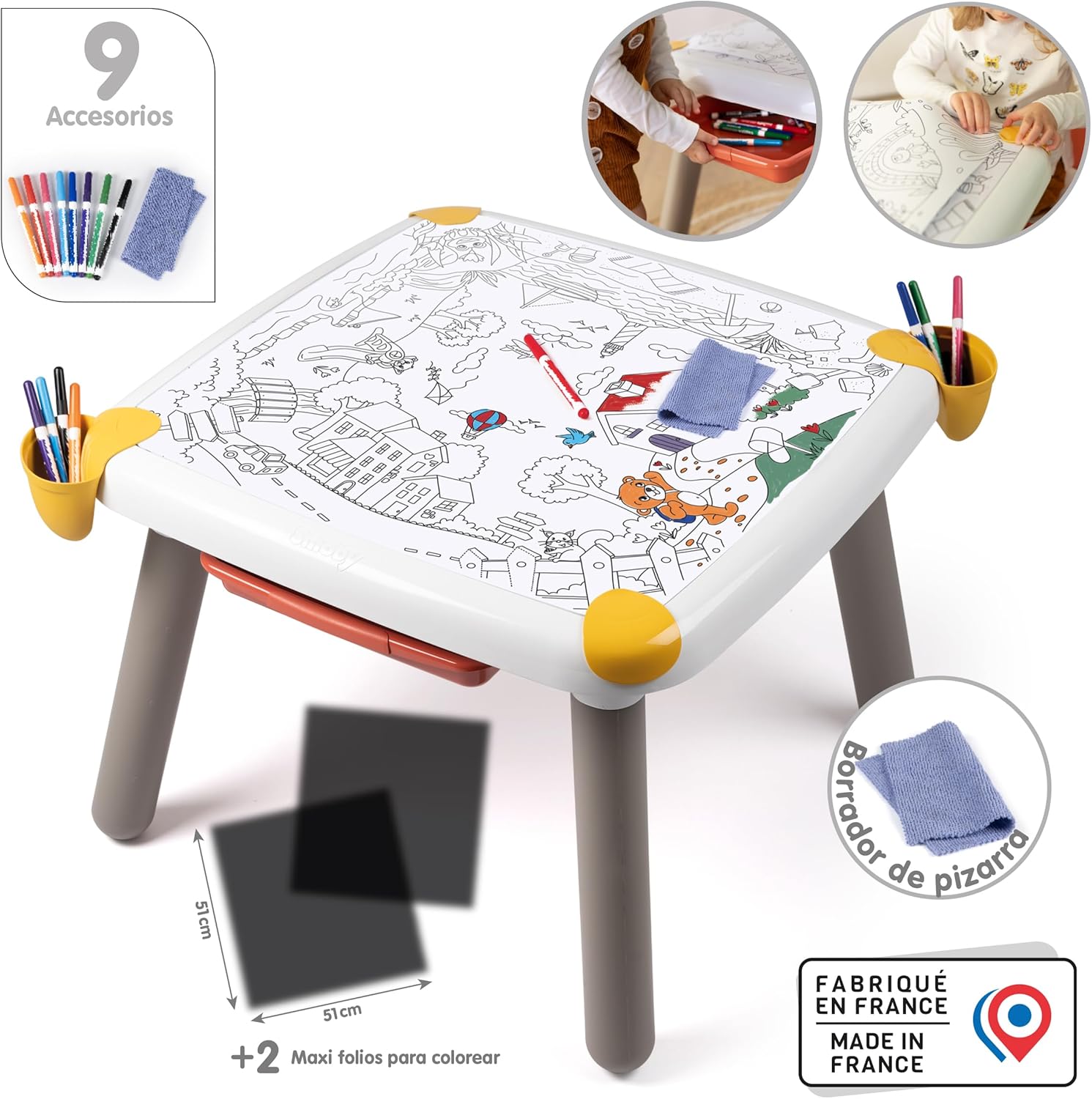 Smoby - Kid Table Creative - Erasable Drawing Table - Artistic Activity - Educational Game - Drawing, Coloring, Painting - 2 Colouring Pages Included - For Ages 3+ - Made in France