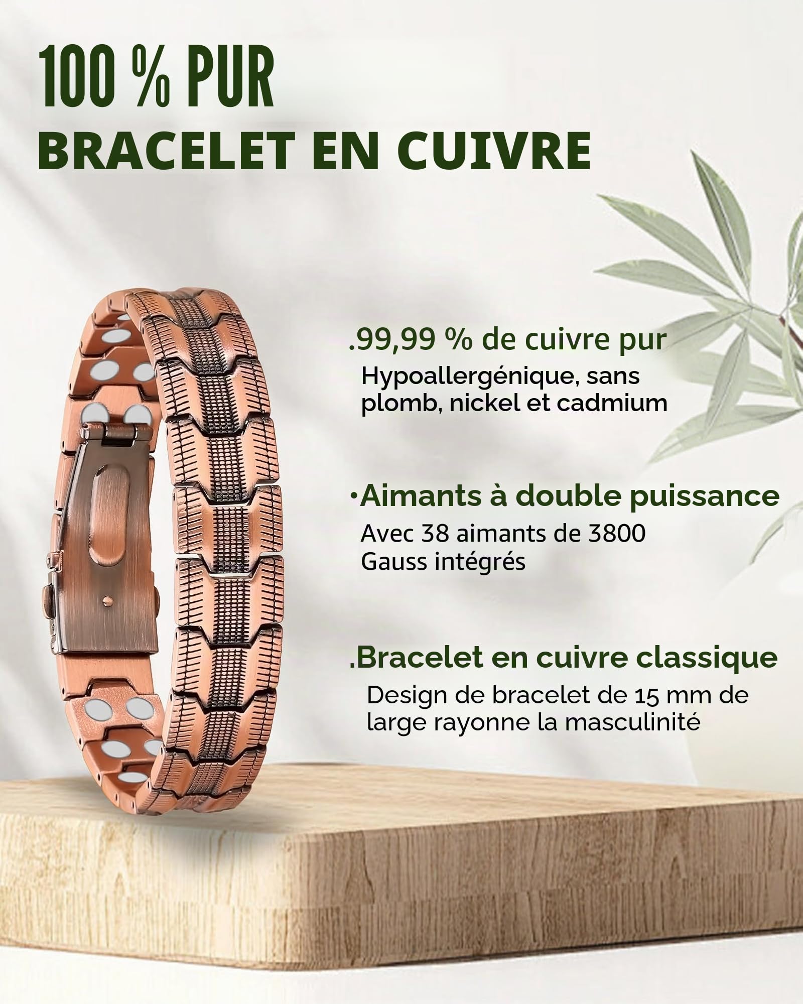 MagEnergy Bracelet en cuivre pour homme, 99,99 % cuivre pur, double aimants puissants, bracelet magnétique avec fermoir papillon, longueur réglable avec outil de réglage de la taille