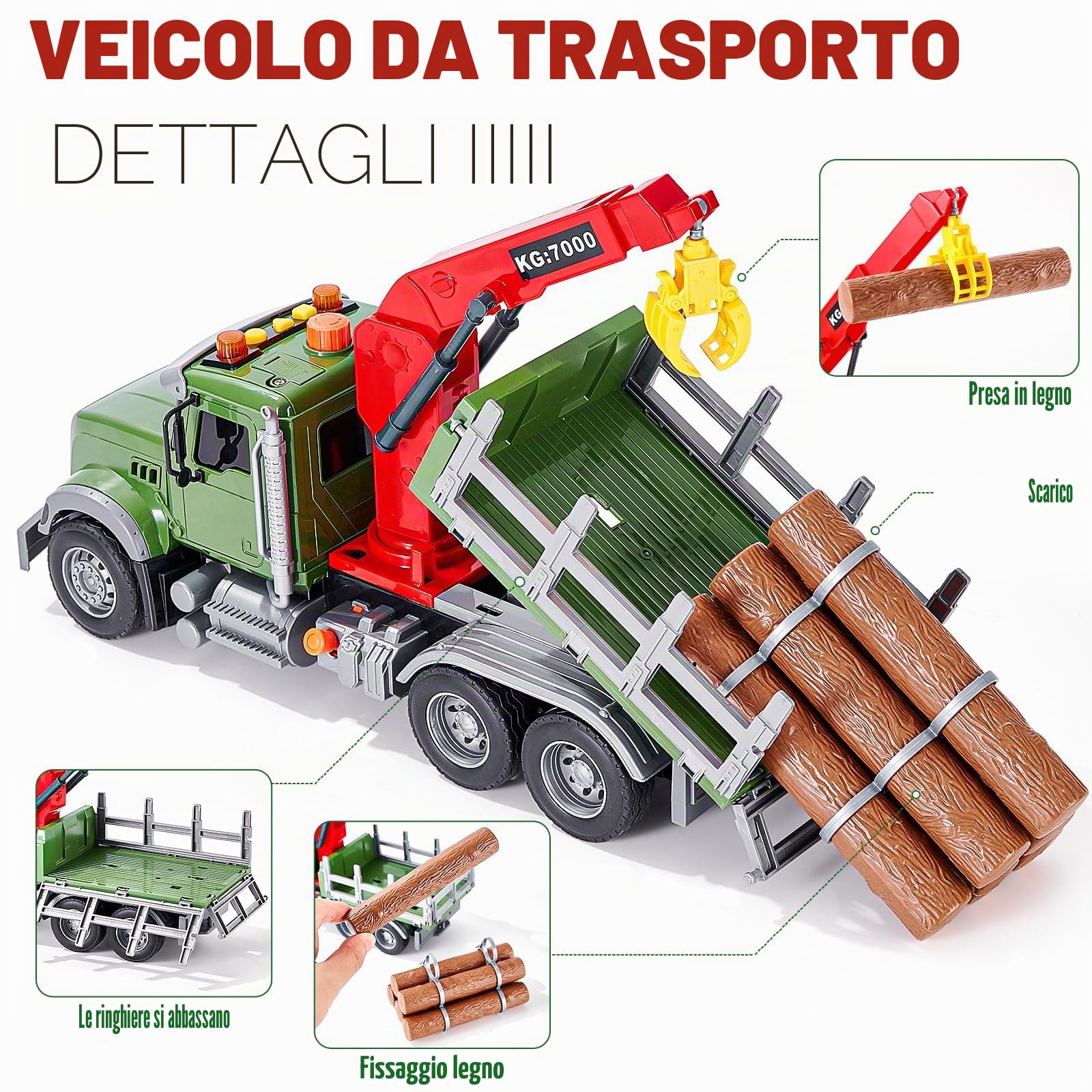 Tacobear Camion da Trasporto in Legno Grande 1:16 con Luci, Suoni e Gru di Carico - Trasportatore Soccorso - Regalo per Bambini 3-6 Anni