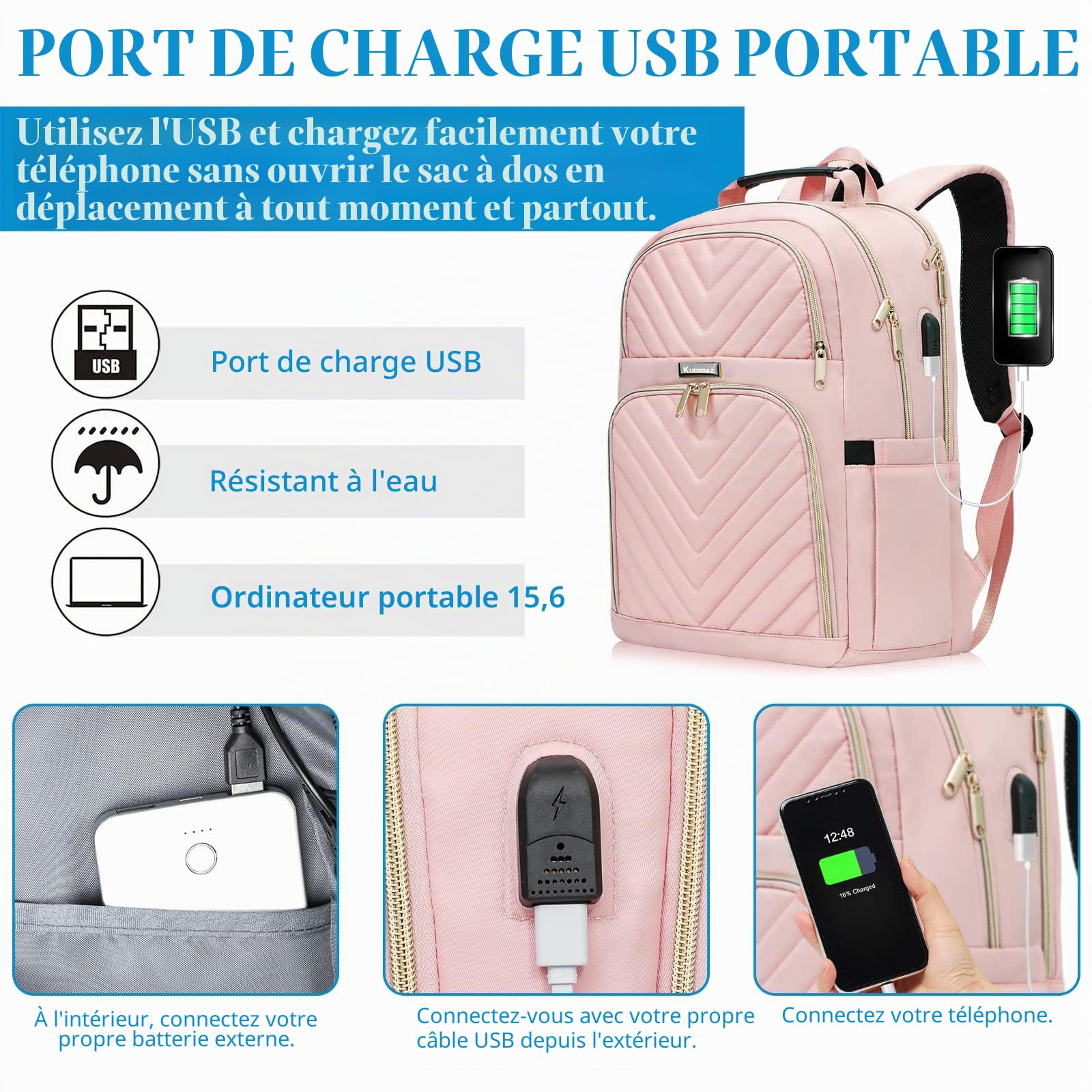 Sac à dos pour femmes, sac à dos pour fille scolaire de 15,6 pouces avec port de charge USB, sac à dos pour ordinateur portable sac de jour à la mode imperméable à l'eau pour l'école, noir