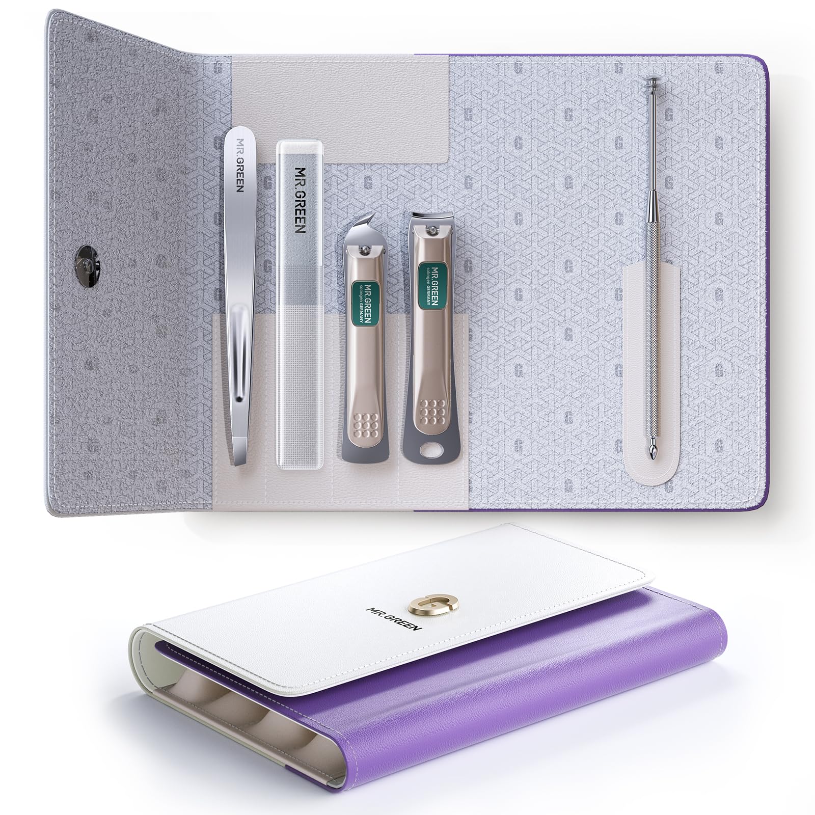 MR.GREEN Nail Clippers, 5PCS Nail Clipper Set with Fingernail Clippers,Ear Pick,Glass Nail File,Tweezers, Professional Manicure Set for Men and Women, Nail Cutter with Leather Case (Purple)