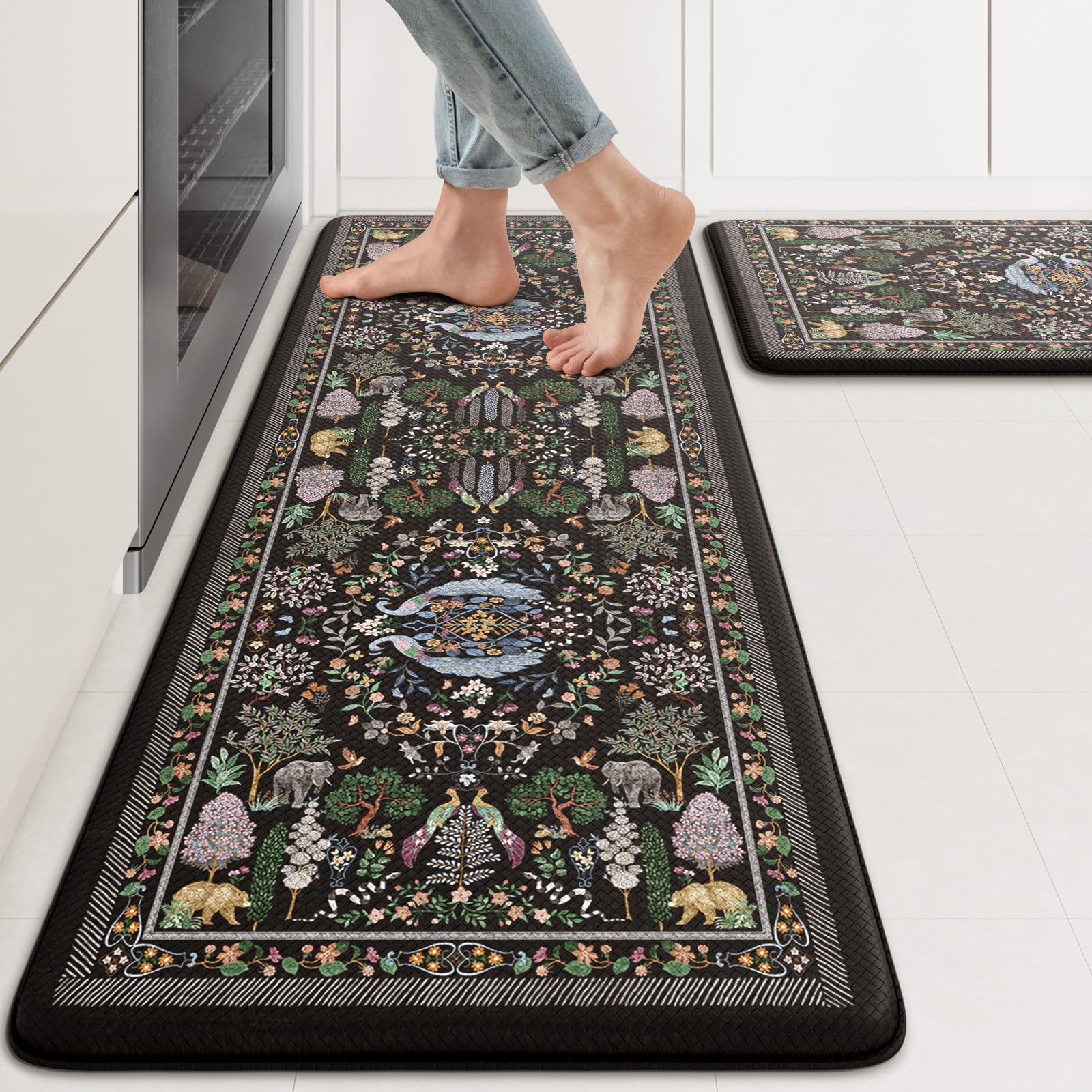 KIMODE Anti Fatigue Kitchen Mats for Floor 2 Piece, Black Vibrant Floral Kitchen Rugs 17"x47"+17"x29", Non Slip Waterproof Kitchen Floor Mats, Standing Mat for Laundry Office Sink Desk-image-15