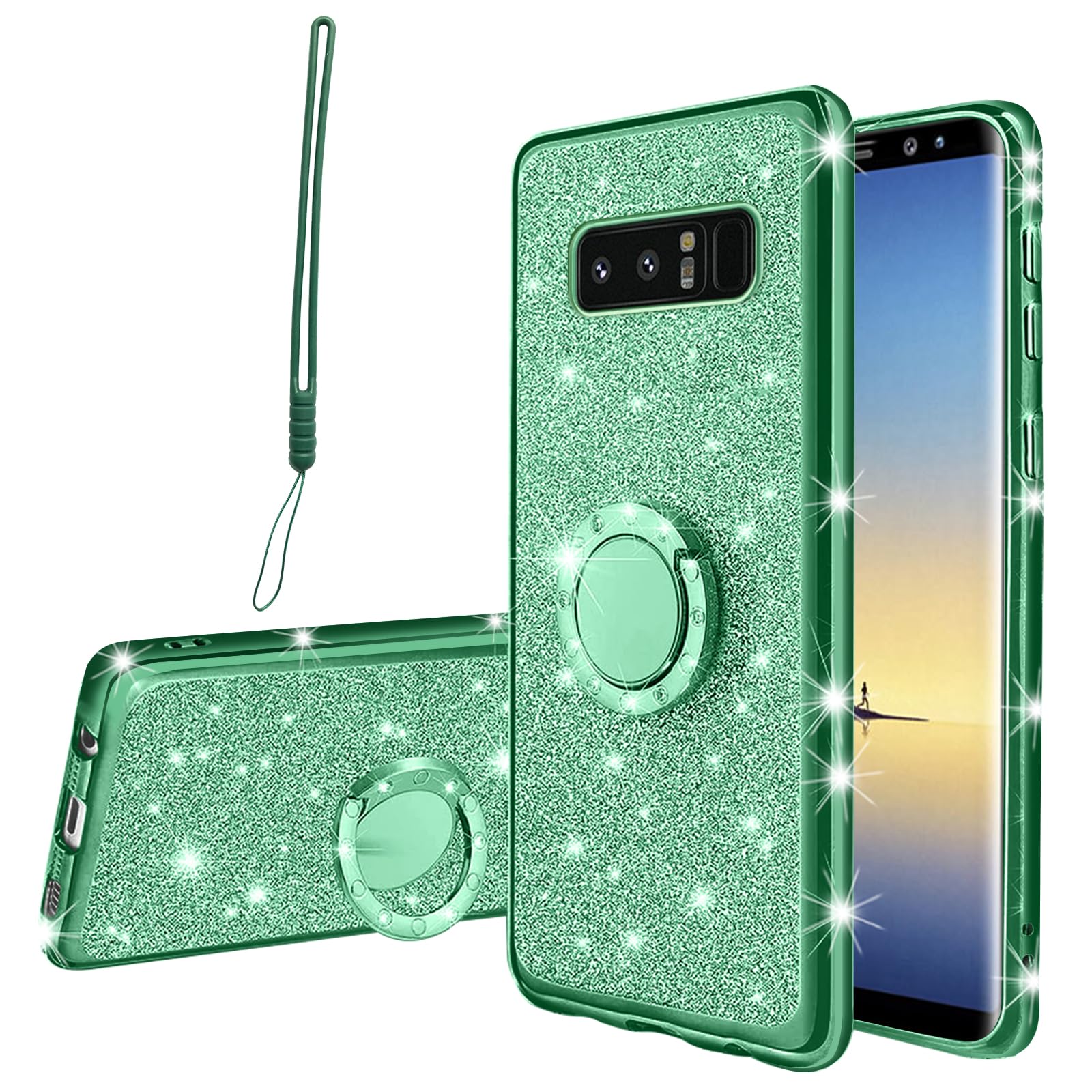KuDiNi for Note 8 Phone Case,Galaxy Note 8 Case for Women Glitter Crystal Soft Clear TPU Luxury Bling Cute Protective Cover with Kickstand Strap for Samsung Galaxy Note 8(Glitter Green)