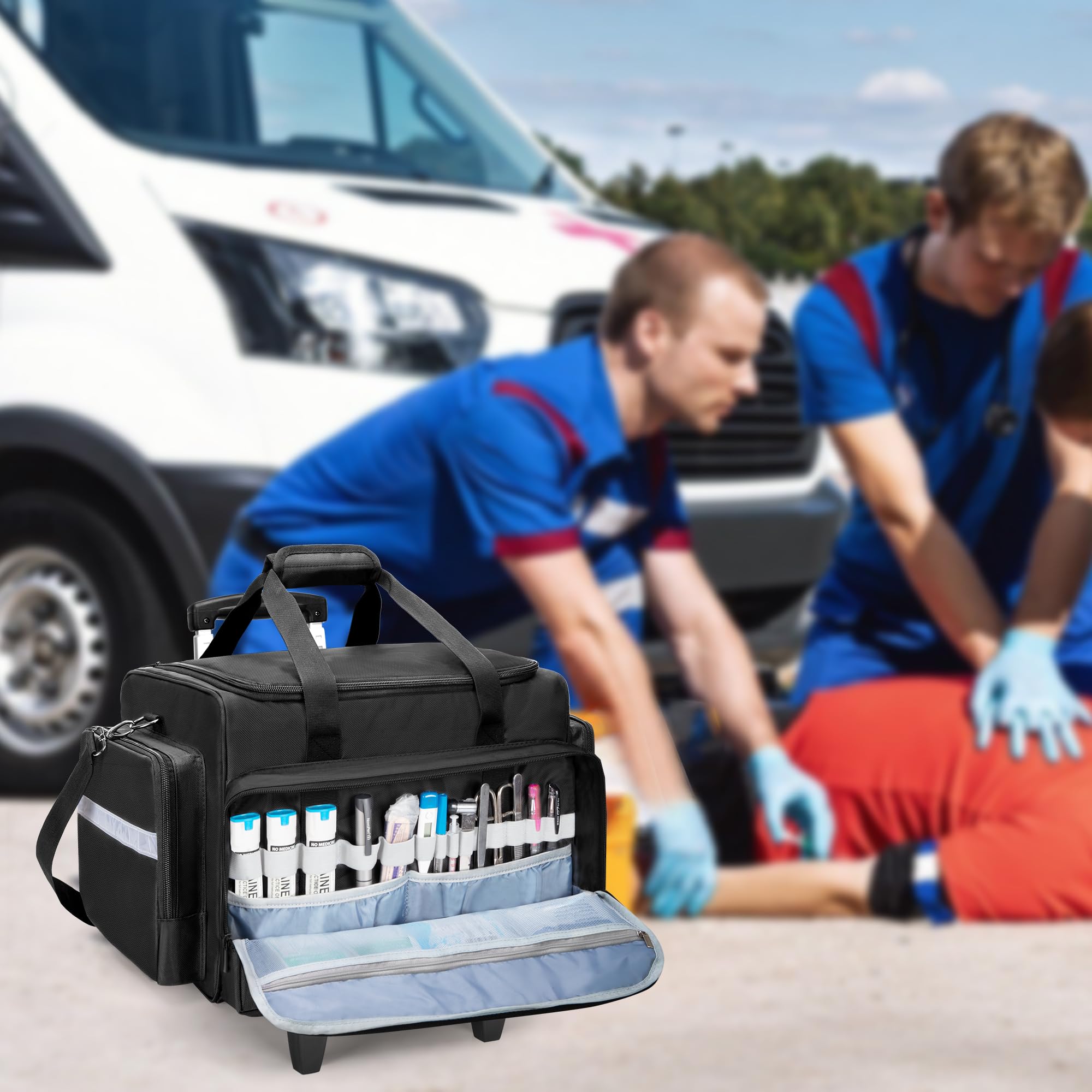 Damero Botiquin de Primeros Auxilios con Carro Desmontable, Kit Primeros Auxilios con Ruedas, para Médicos, Profesionales de EMS, Negro