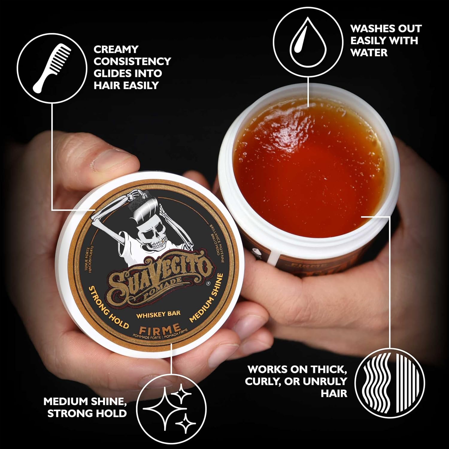Suavecito Pomade Firme (Strong) Hold Whiskey Bar Scent 4 oz - Pomade For Men - Medium Shine Water Based Wax Like Flake Free Hair Gel - Easy To Wash Out - All Day Hold For All Hair Styles - Image 3