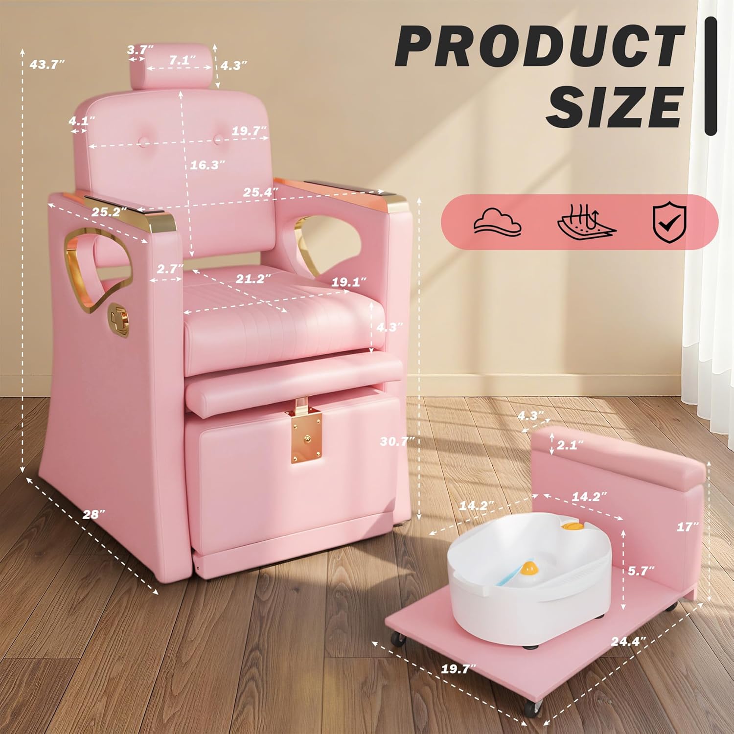 Pedicure Chair for Nail Tech, Professional Reclining No Plumbing Pedicure Station Unit with Sliding Foot Bath and Adjustable Legrest, Rolling Stool, Beauty Spa Salon Massage Station, Pink