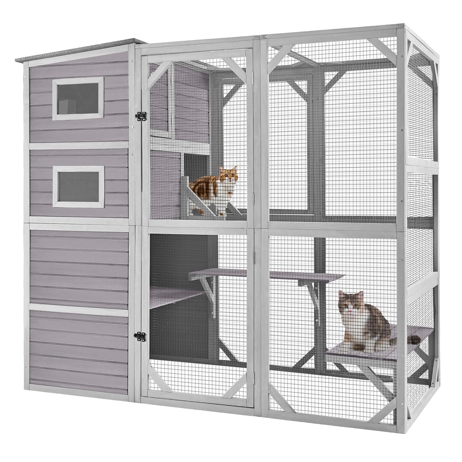 GUTINNEEN Large Catio Outdoor Cat Enclosure, 77 Inch Weatherproof Cat House with Connectable Window Box, 4-Tier Wooden Cat Cage with Multi-Level