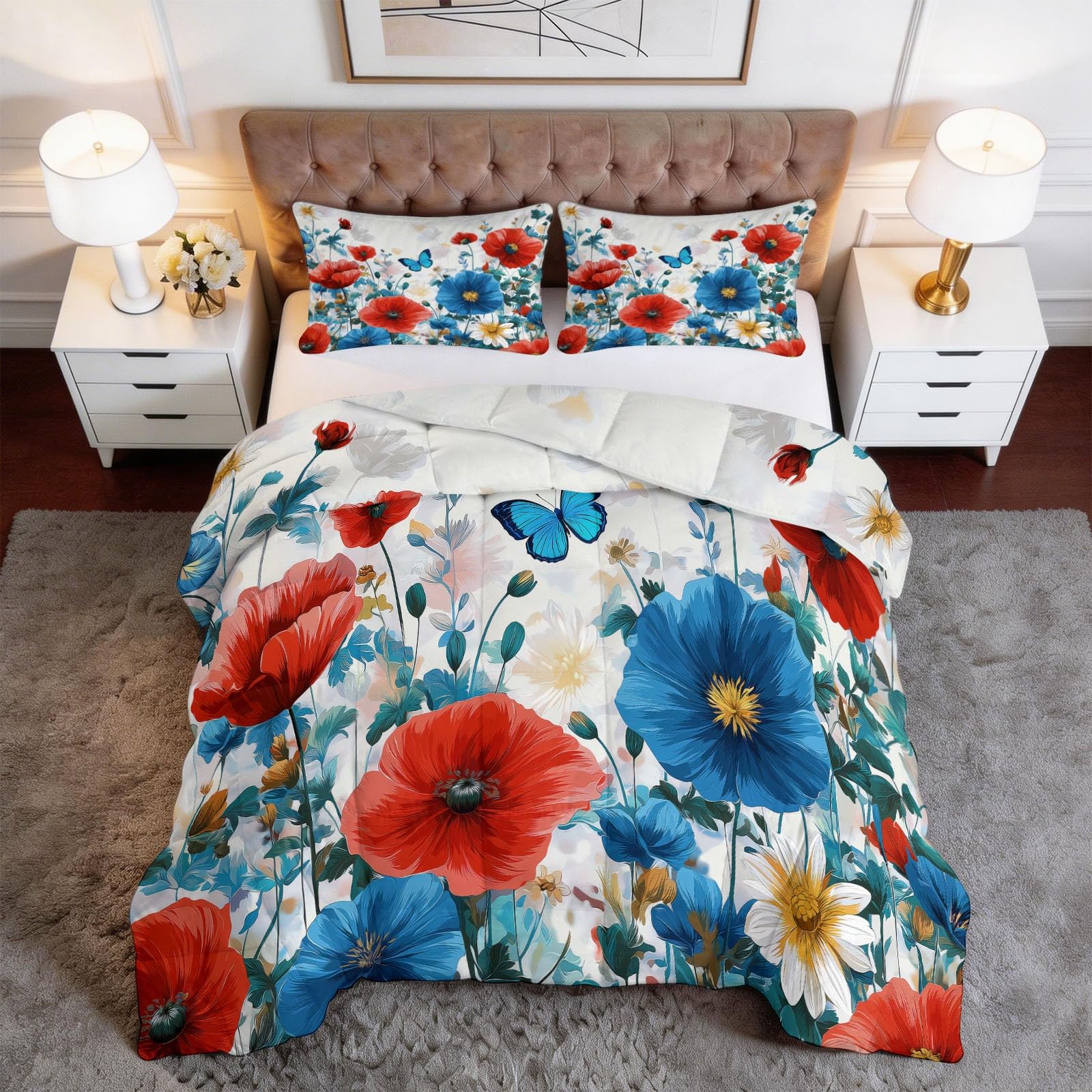 Trapunta Copriletto 150x200 cm Campagna fiori farfalle Trapuntino 4 Stagioni Stampa 3D, Trapunta Inverno Estivo, Trapuntato Coperta Letto per Adulti Bambini