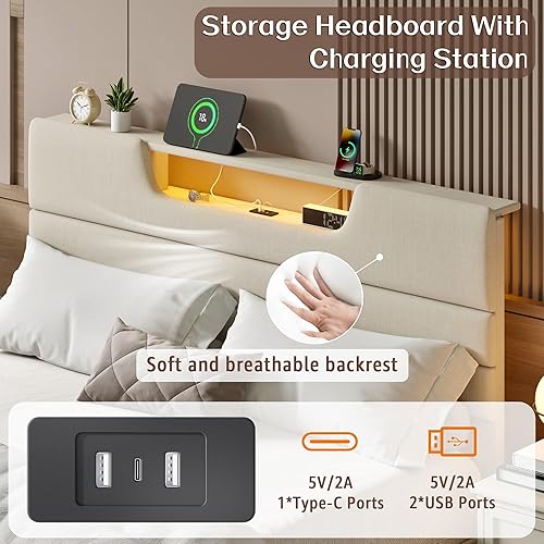 Miniatura 4 de Marcos de cama tamaño Queen con cabecero tapizado, cama moderna con plataforma y estación de carga y luces LED, marco de cama con listones de madera