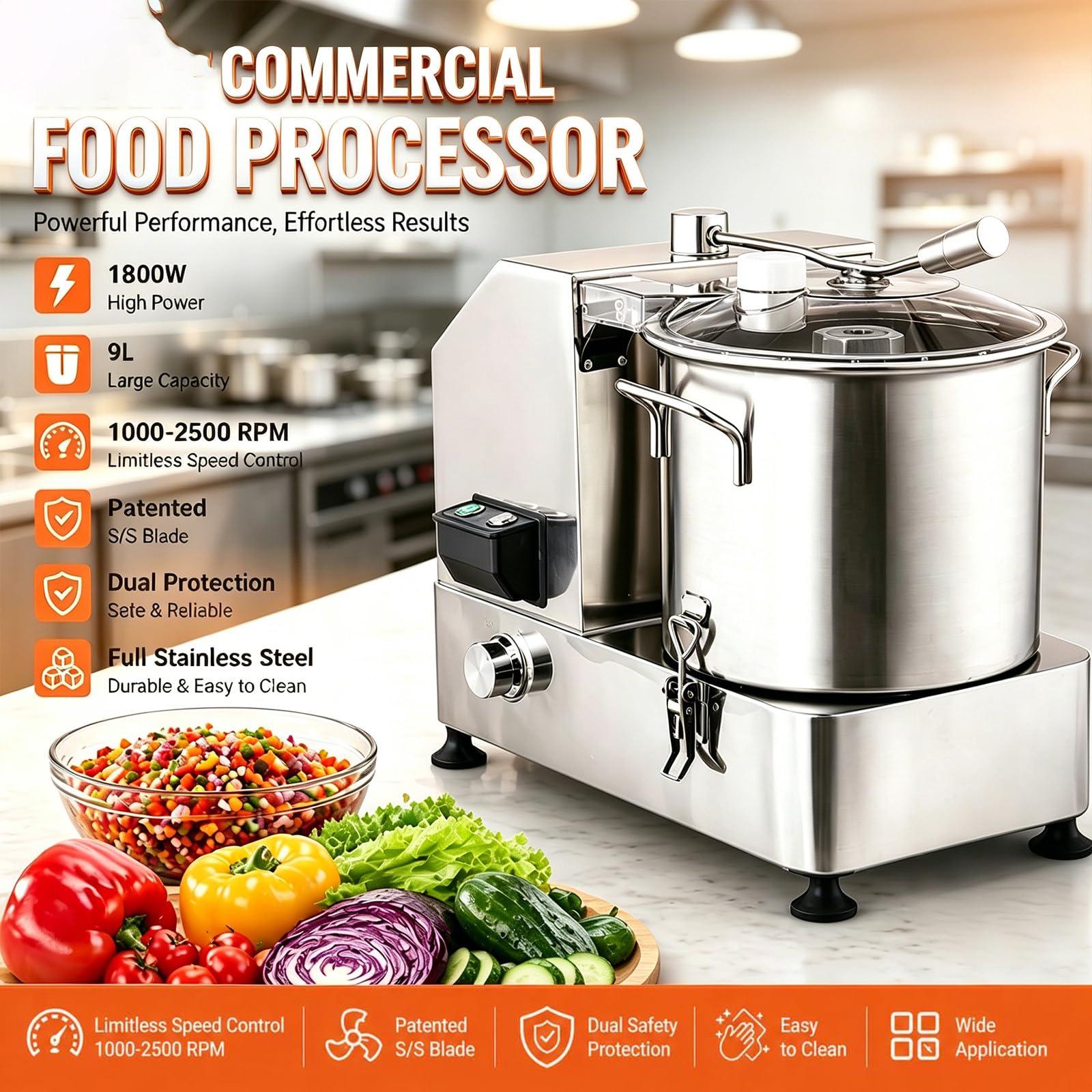 Robot da Cucina Multifunzione, Food Processor, Tritatutto, Motore 2000W, Ciotola Removibile, Pulizia Facile, per ristoranti e Carne suina 9L