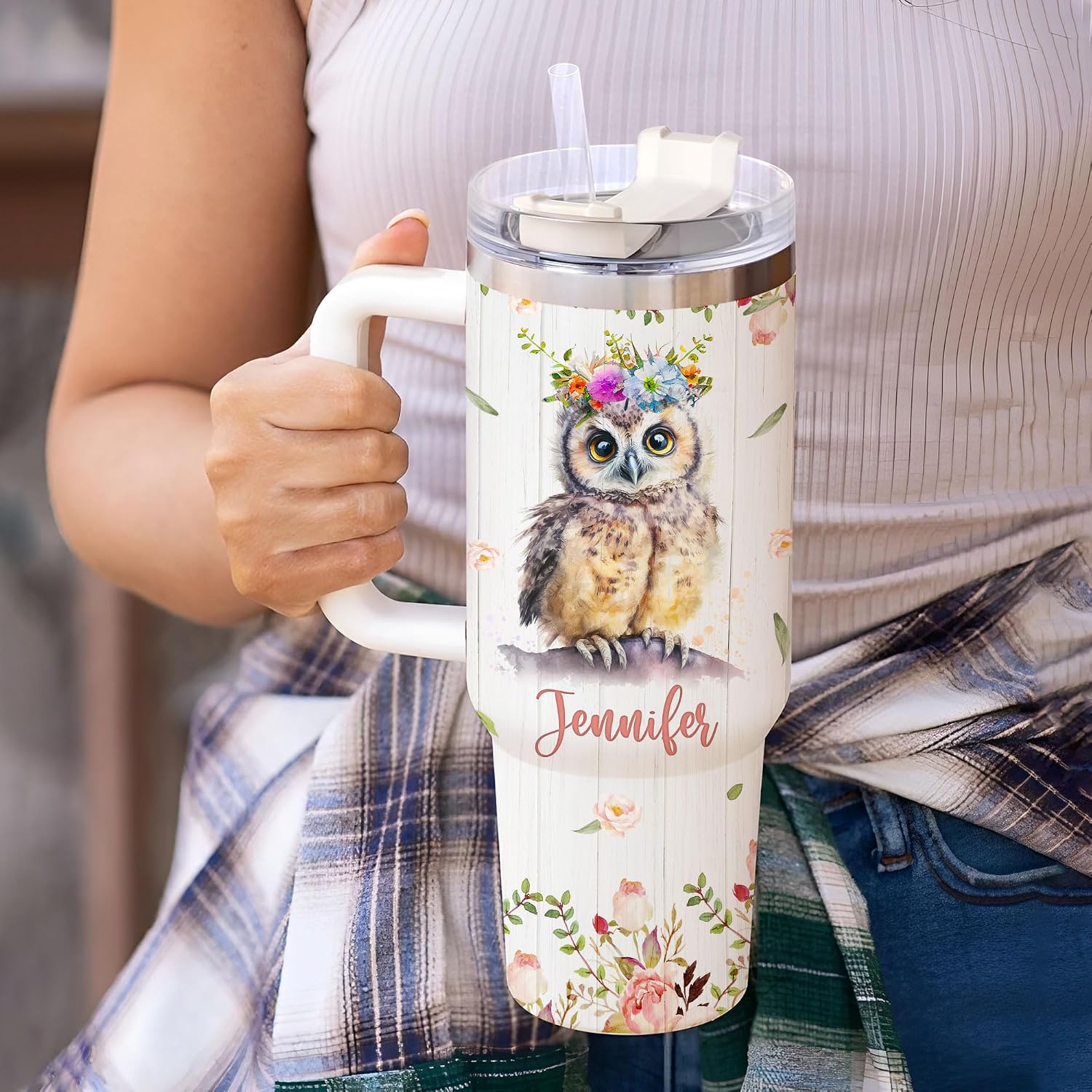 Hyturtle Personalized Gifts For Owl Lover Tumbler 40oz with Handle and Straw - Stainless Steel Travel Coffee Cup With Lid - Cute Animal Lover Gifts For Women, Girl On Birthday Christmas