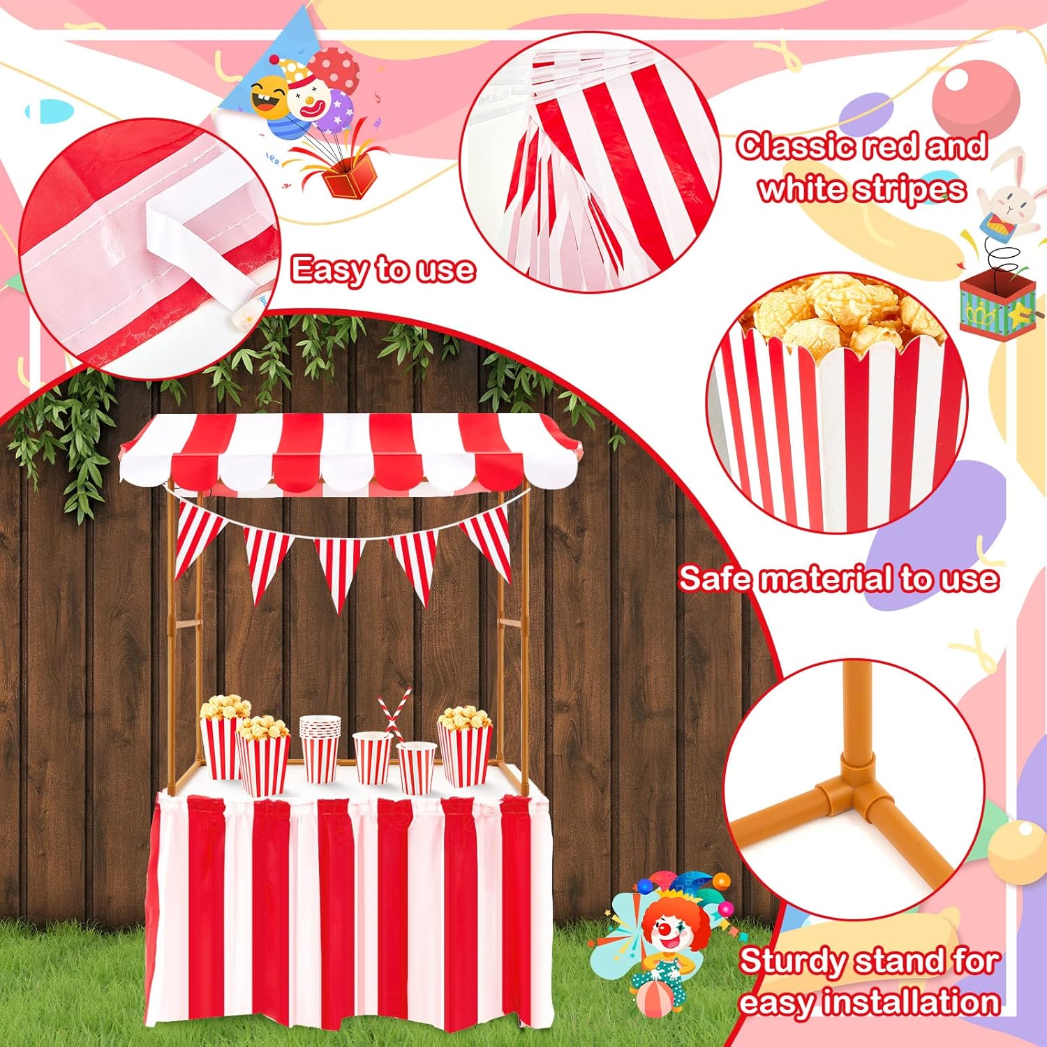 Meooeck 75 Pcs Carnival Circus Concession Stand Decor Kit Red White Striped Table Skirt and Pennant with Red White Striped Popcorn Boxes and Straws for Carnival Party Supplies