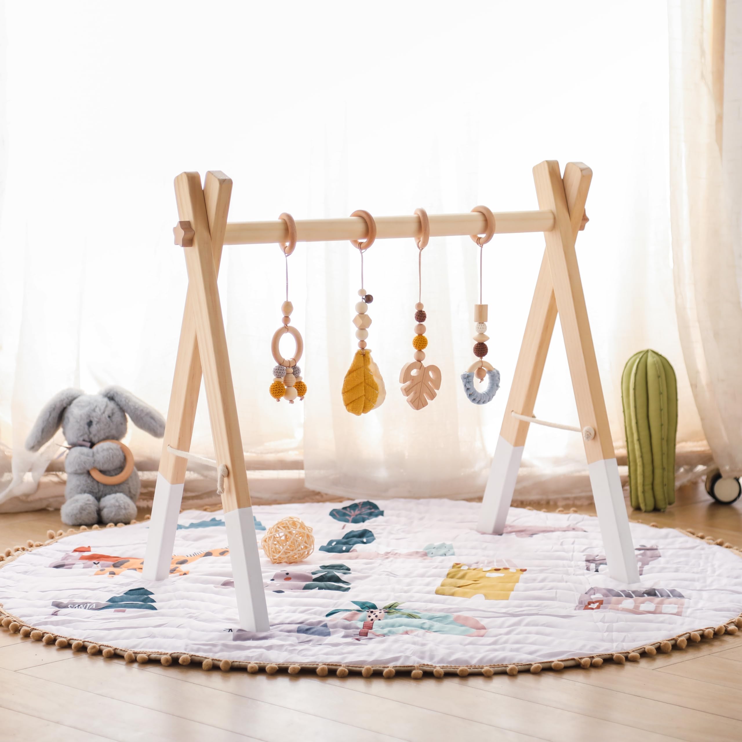 Drewniany łuk do zabawy dla niemowląt Baby Gym z drewna Łuk do zabawy dla niemowląt Zabawka dla noworodków Łuk do zabawy Activity Center dla niemowląt Żółty design z wisiorkami Zdejmowany