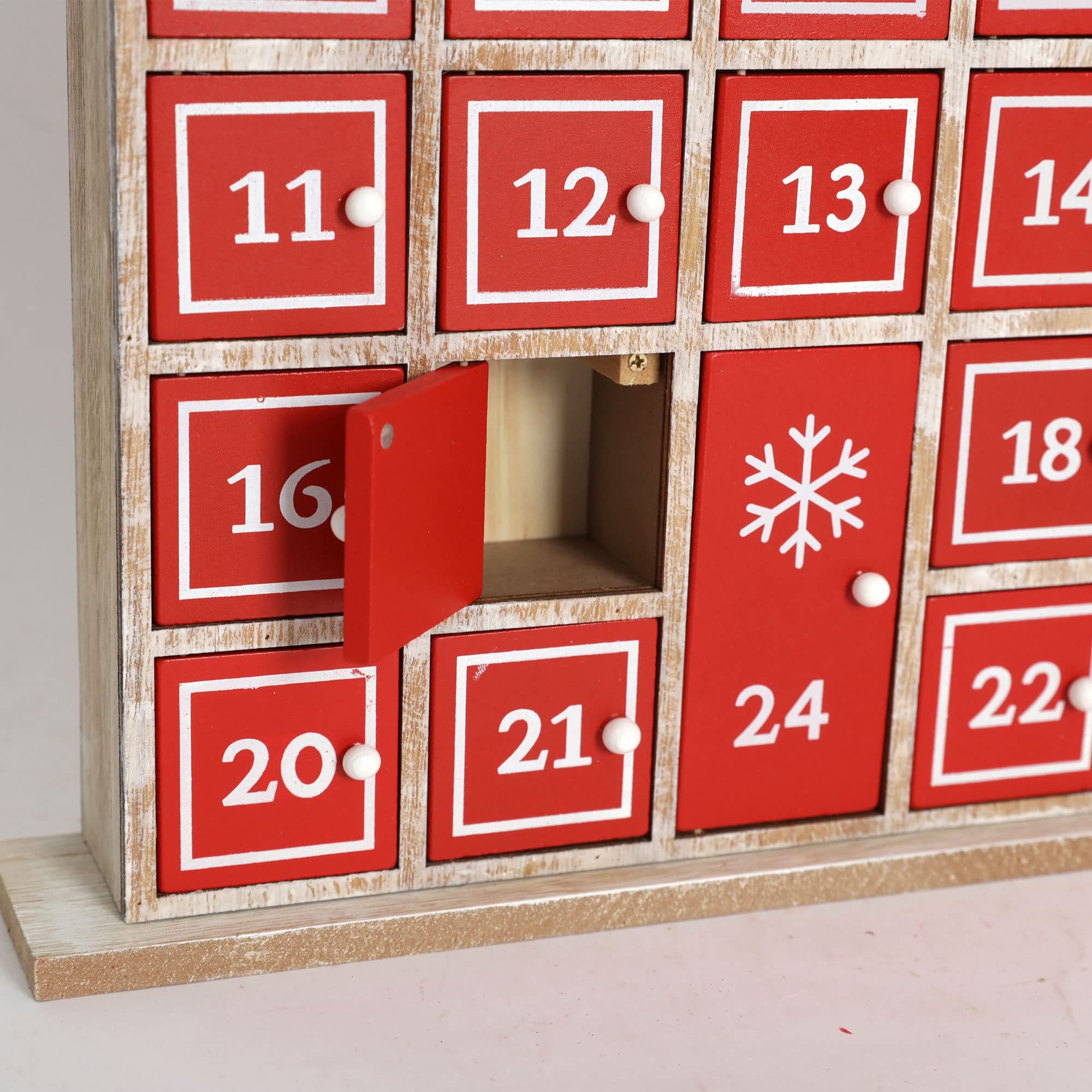 Calendrier de l'Avent en bois PE Maison de Noël rouge avec 24 tiroirs de rangement Organisateur de cadeaux avec éclairage LED Décoration de Noël