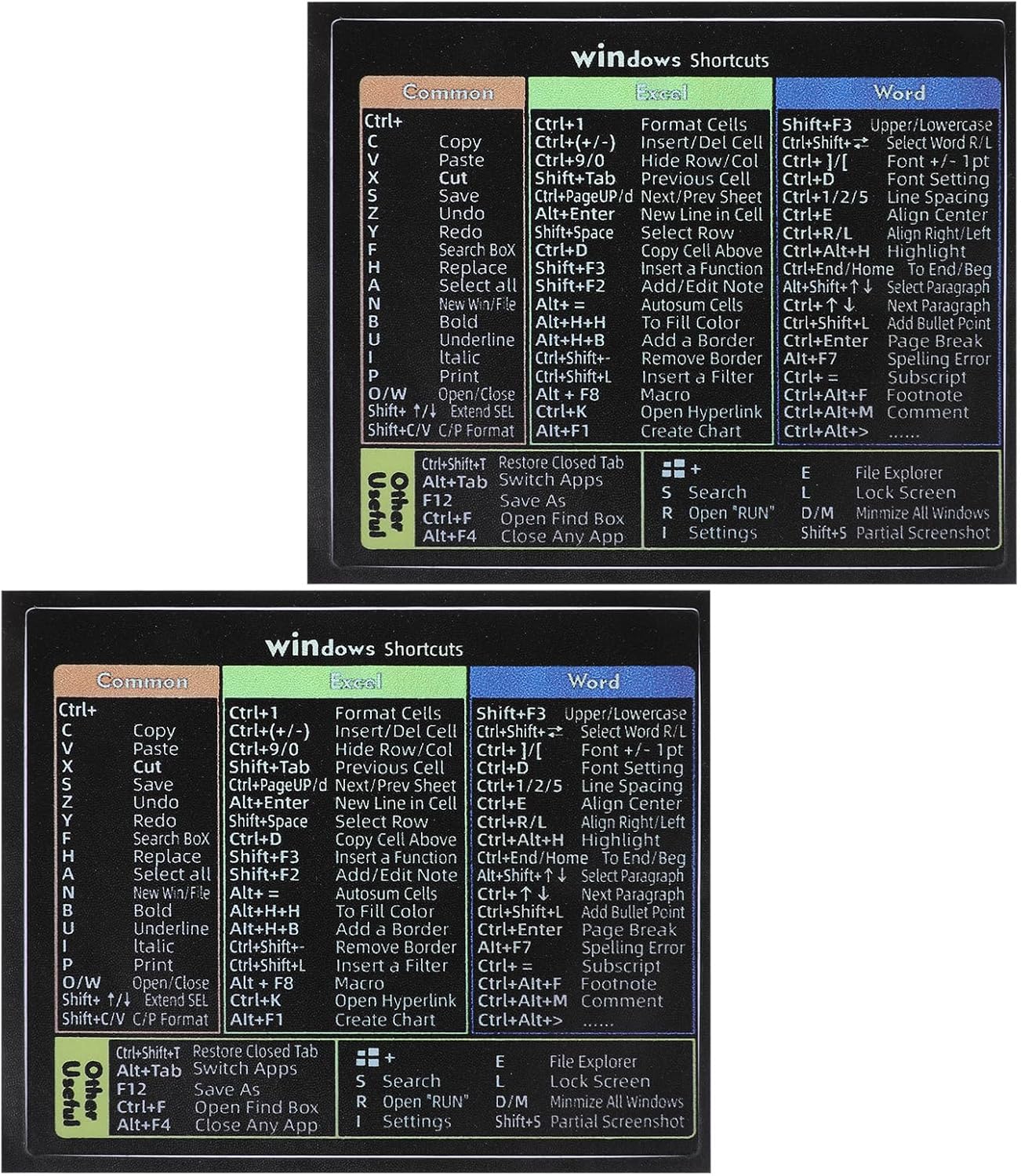2 Pack Windows Shortcut Sticker, Word/Excel Keyboard Shortcuts Cheat Sheet Shortcut Sticker Quick Reference Guide Keyboard Shortcut Stickers for Any PC Laptop or Desktop