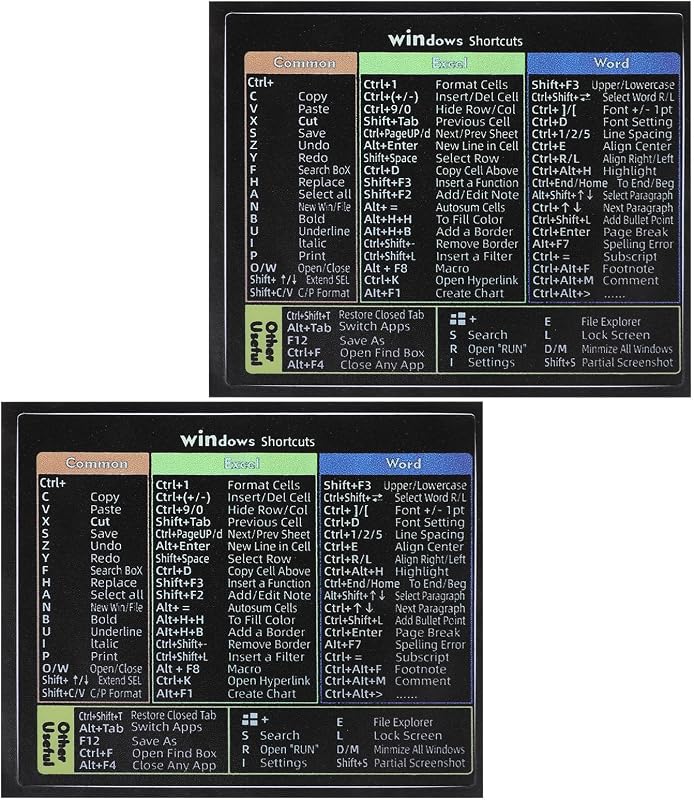 Windows Shortcut Sticker, 2 Pack Word/Excel Quick Reference Guide Keyboard Shortcuts Cheat Sheet Laptop Keyboard Stickers for Any PC Laptop or Desktop
