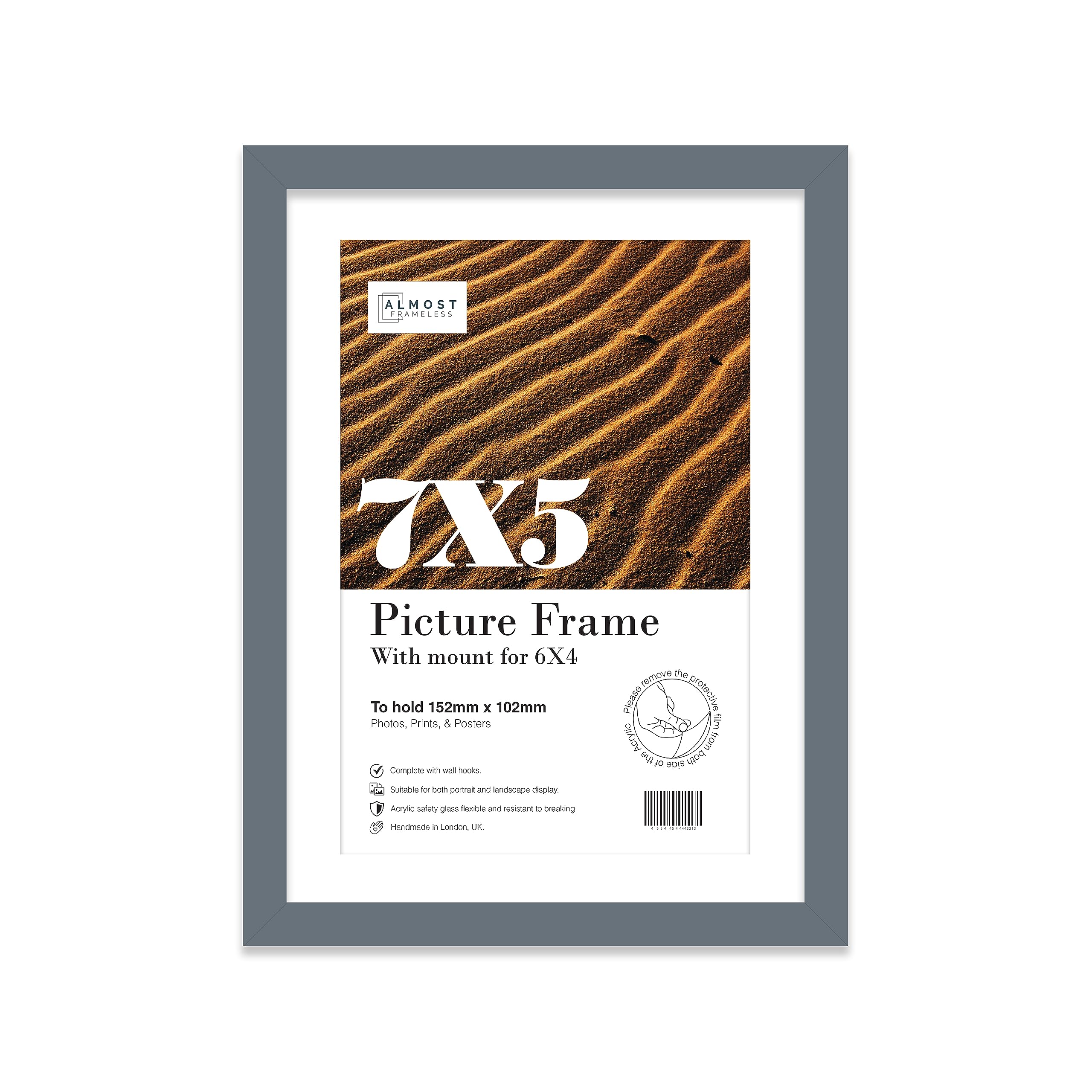 Almost Frameless 7x5 Grey Picture Frame With Mount for 6x4 Print, Poster or Photo Poster, Photo, Artwork, or Print. Thin Edge Slim Frame Portrait and Landscape Display with Wall Hooks