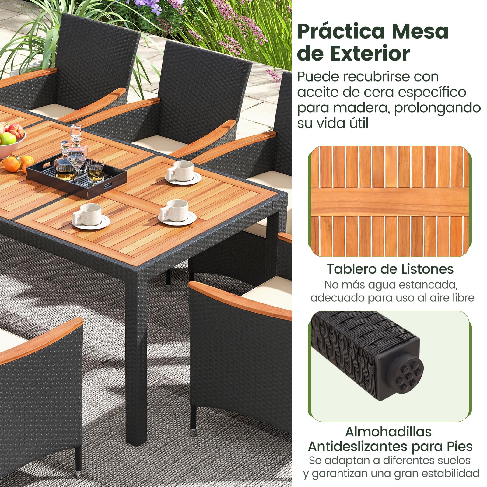 COSTWAY Conjunto Jardin Exterior 9 Piezas, Muebles Jardin Exterior de Acacia y Ratán, Mesa Rectangular y 8 Sillas Jardin con Cojines Extraíbles, Comedores Patio, Jardín y Piscina (Beige, 9)