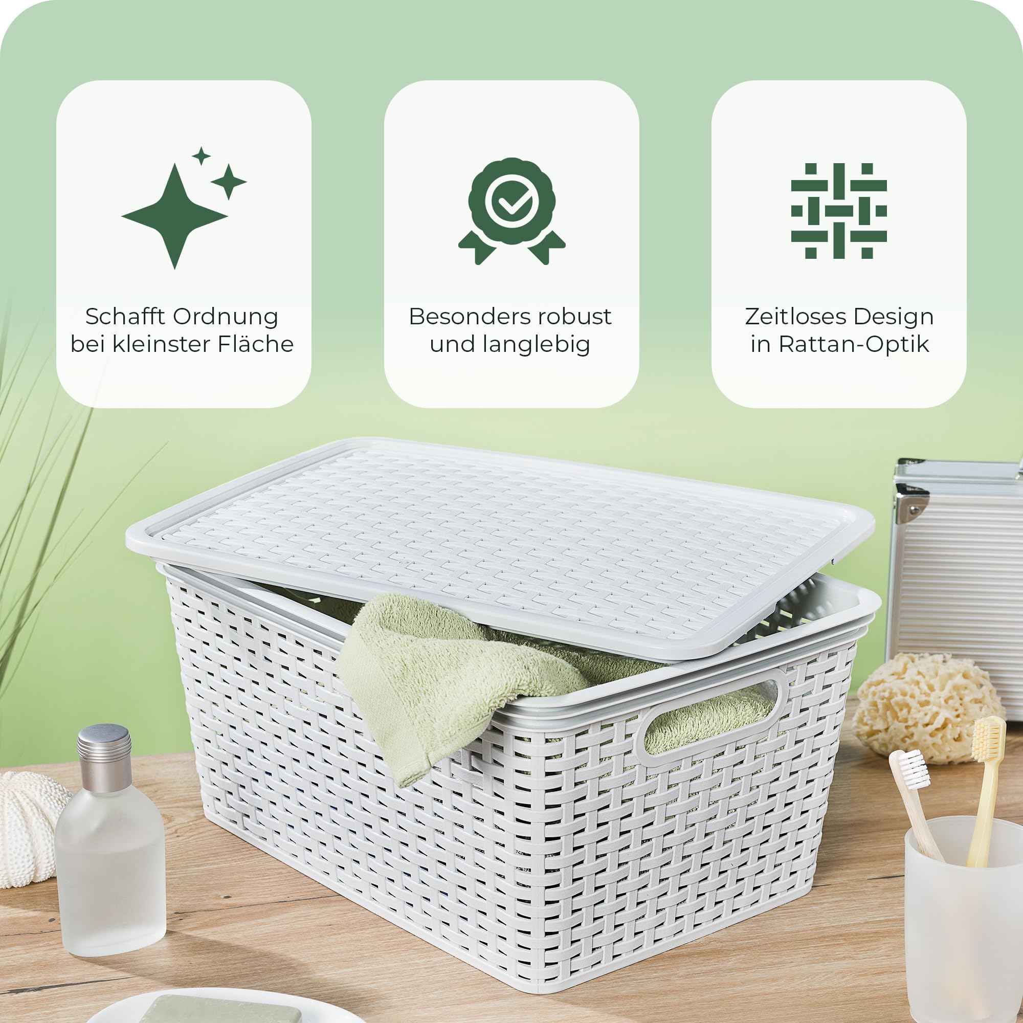 Novaliv Juego de 6 cajas de almacenamiento con tapa de madera, cesta grande de 14 L, color blanco, diseño de ratán, apto para alimentos, apilables, de plástico, sin BPA, con tapa