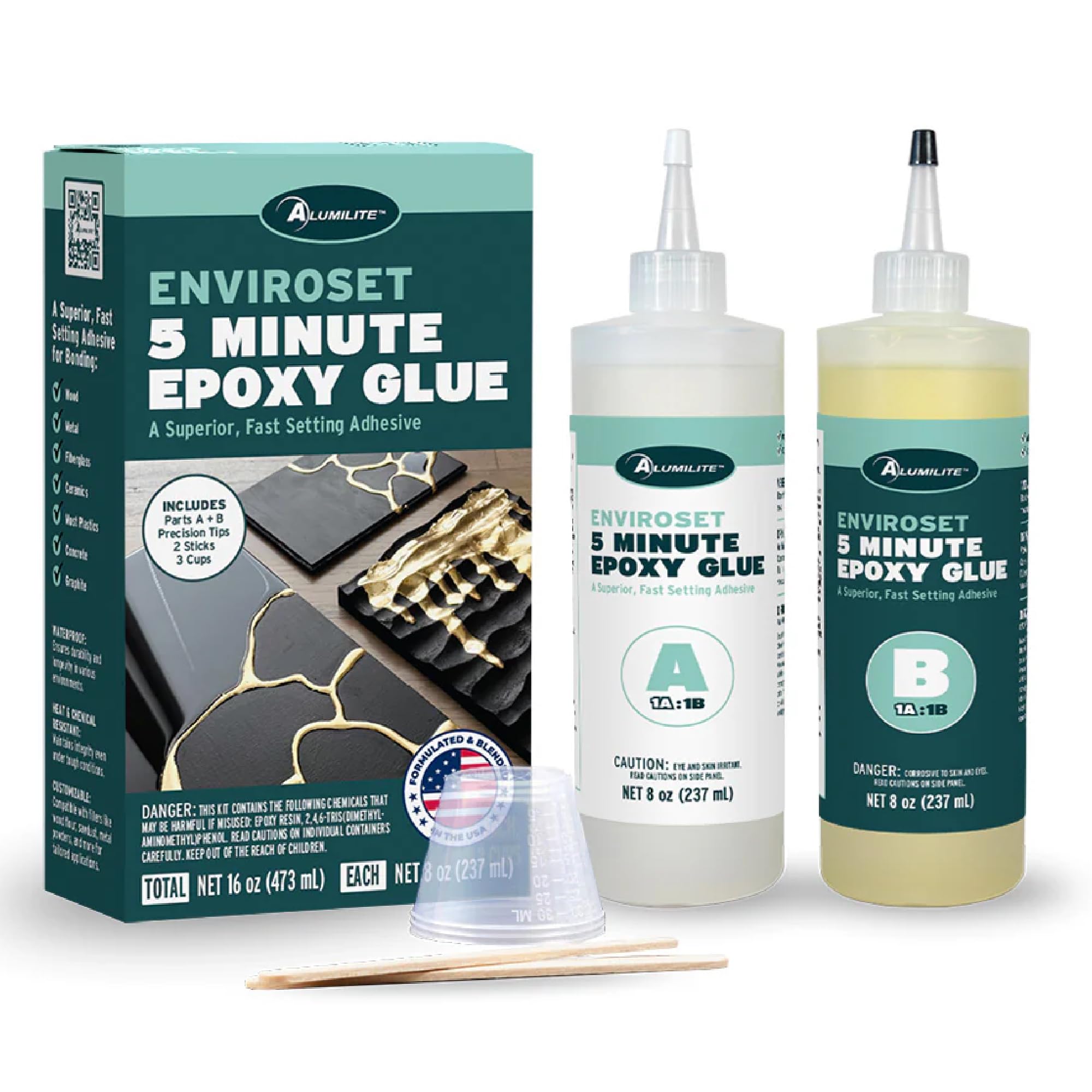 Alumilite Enviroset 5 Minute Epoxy Glue 32 Oz (16 Oz Part A + 16 Oz Part B) Waterproof, Heat, Chemical Resistant Versatile Fast Setting Adhesive, Wood