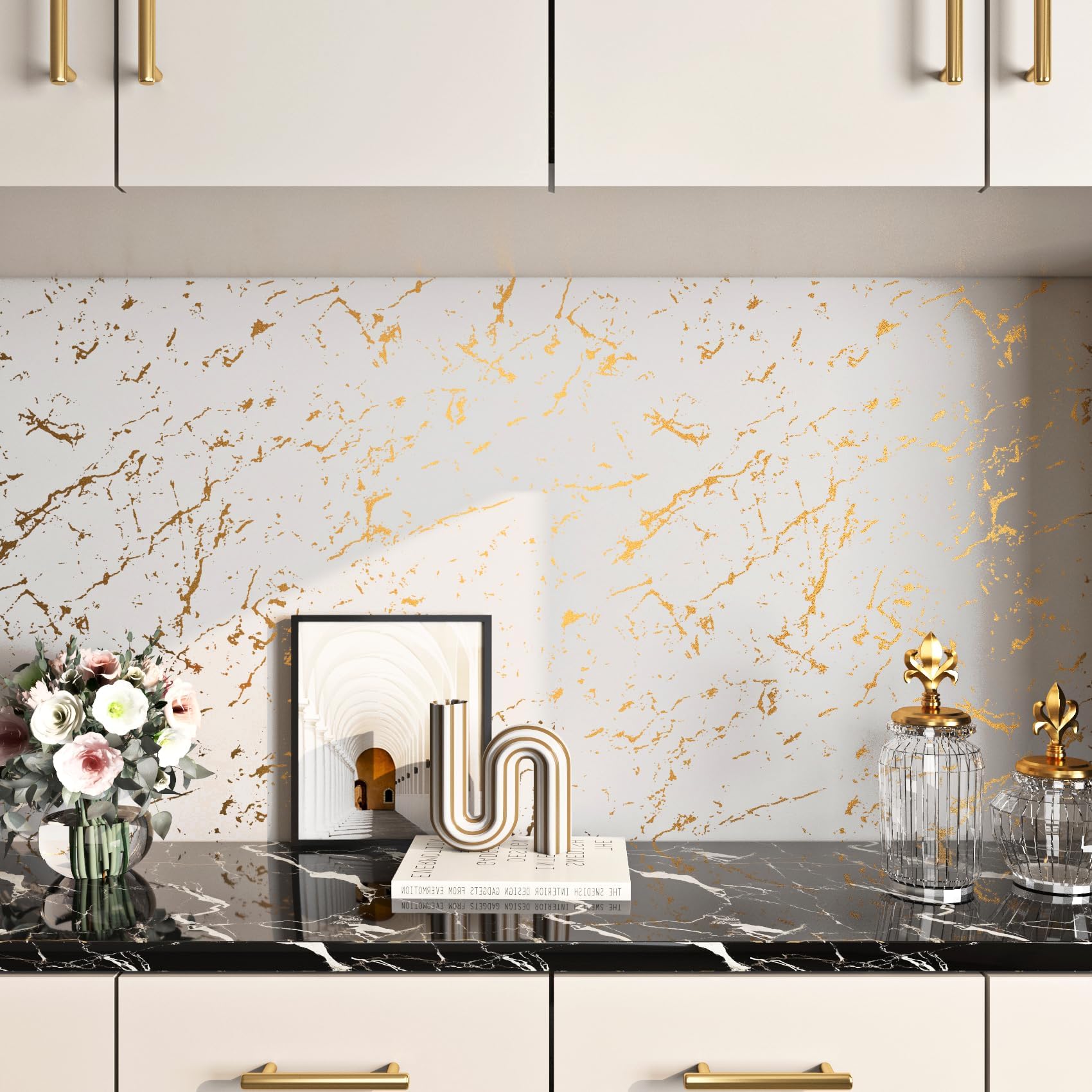 FunStick Papel tapiz autoadhesivo impermeable de 91 x 508 cm, color blanco crema y dorado, para despegar y pegar, papel de contacto de encimera para armarios de cocina, papel de pared autoadhesivo