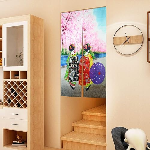 Miniatura 2 de LIGICKY Noren - Cortina larga de puerta de estilo japonés, Kyoto Geisha Girls en Kimonos y flores de cerezo, tapiz para decoración del hogar, 33.5 x