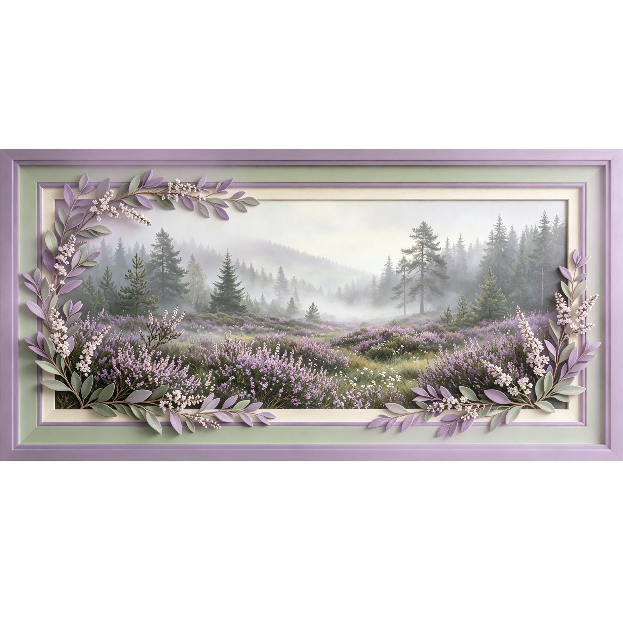 Agglomerix 3D Framed Wall Art Misty Forest Purple Floral Botanical Landscape Modern Trompe l'oeil Large Size SelfAdhesive Removable Wall Decor Prints Artwork for Living Room Bedroom Office