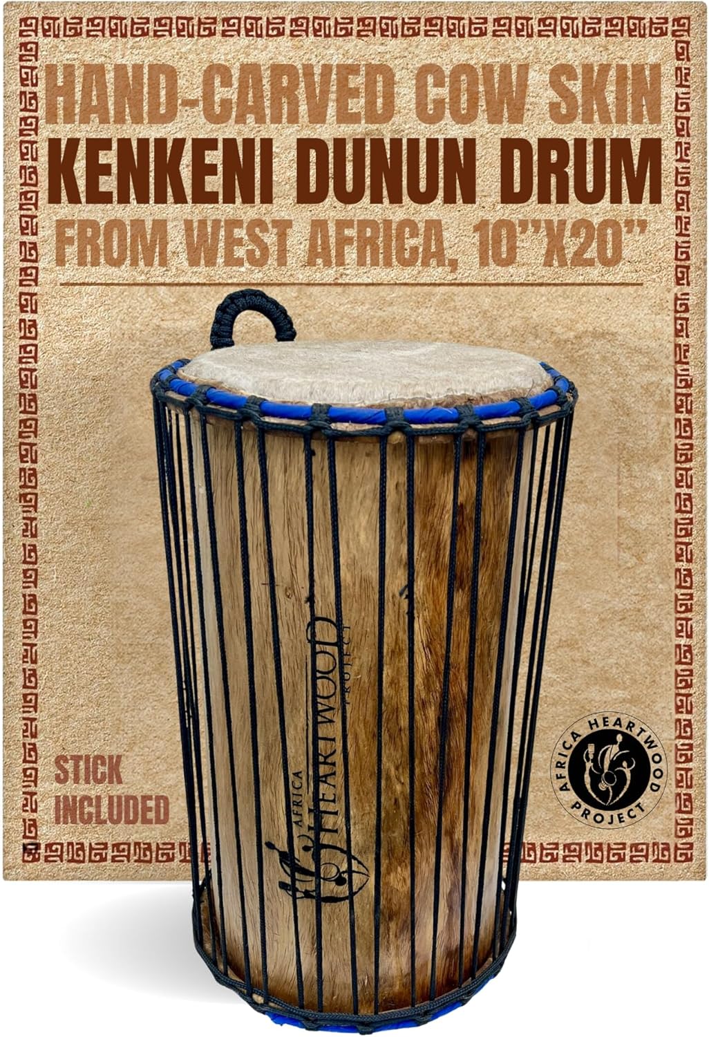 Africa Heartwood Project Kenkeni Dunun Bass Drum with Stick – 10" x 20" African Cow Skin Dundun, Handcrafted in Africa