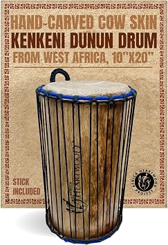 Africa Heartwood Project Kenkeni Dunun Bass Drum with Stick 10" x 20" African Cow Skin Dundun, Handcrafted in Africa
