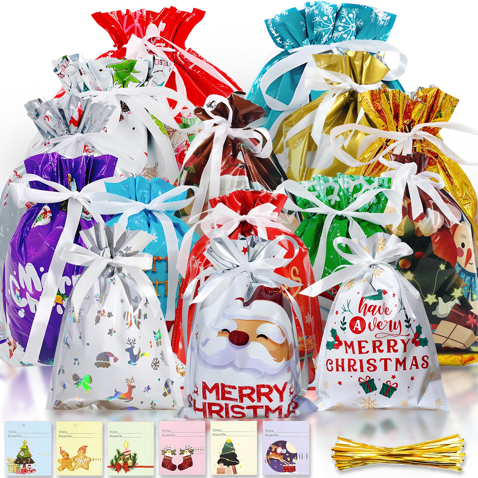 QLM 42PCS Christmas Drawstring Gift Bags Set with Tags- Includes Jumbo, Large, Medium, Small, and Mini Sizes - Colorful Drawstring Foil Bags Featuring Festive Christmas Designs