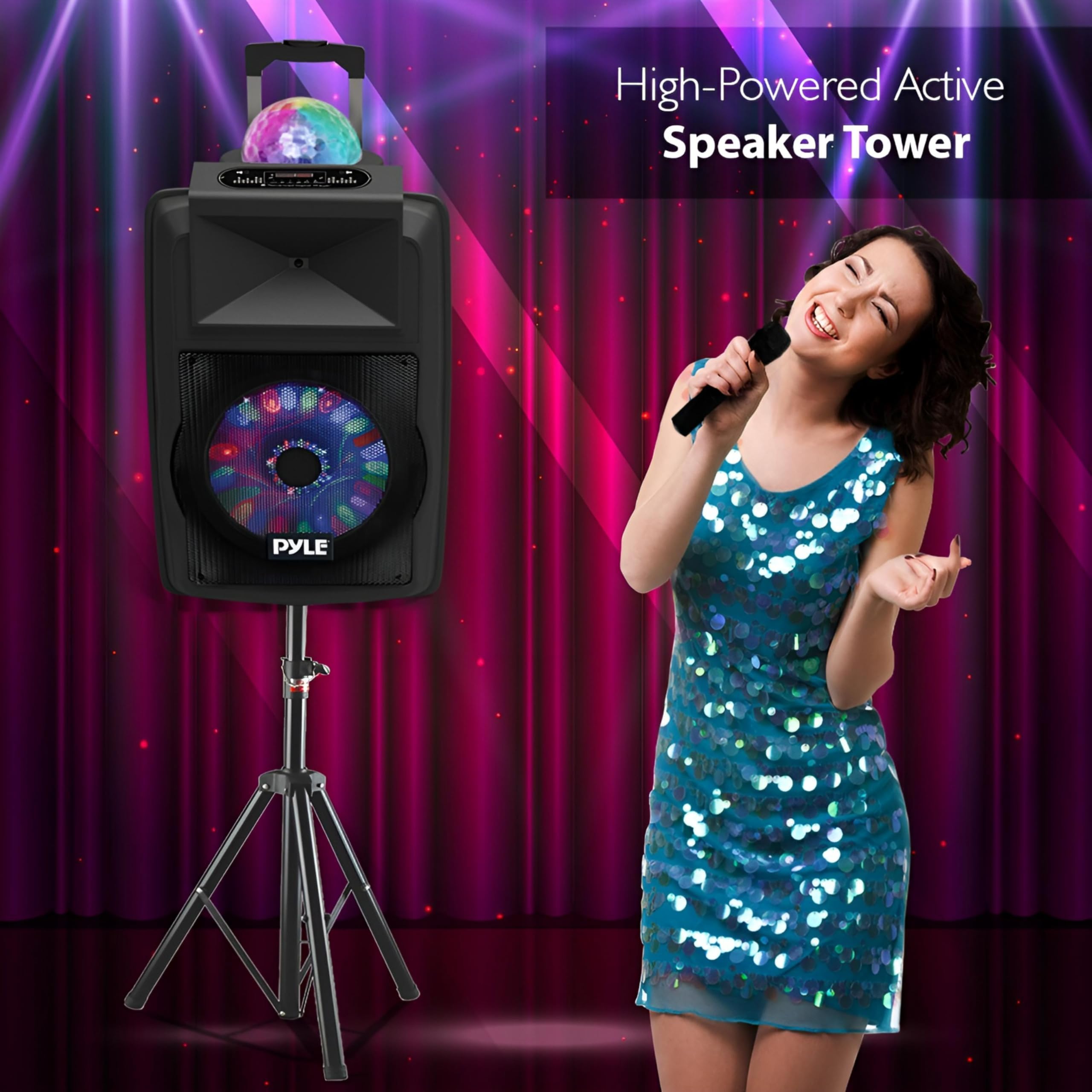 Pyle Enceinte Bluetooth,700W, Enceinte Active Karaoke, Haut Parleur Portable Rechargeable Alimenté par Batterie, Ensemble de Microphone avec Bluetooth MP3, USB, Micro SD, FM Radio, AUX,Lumières de DJ