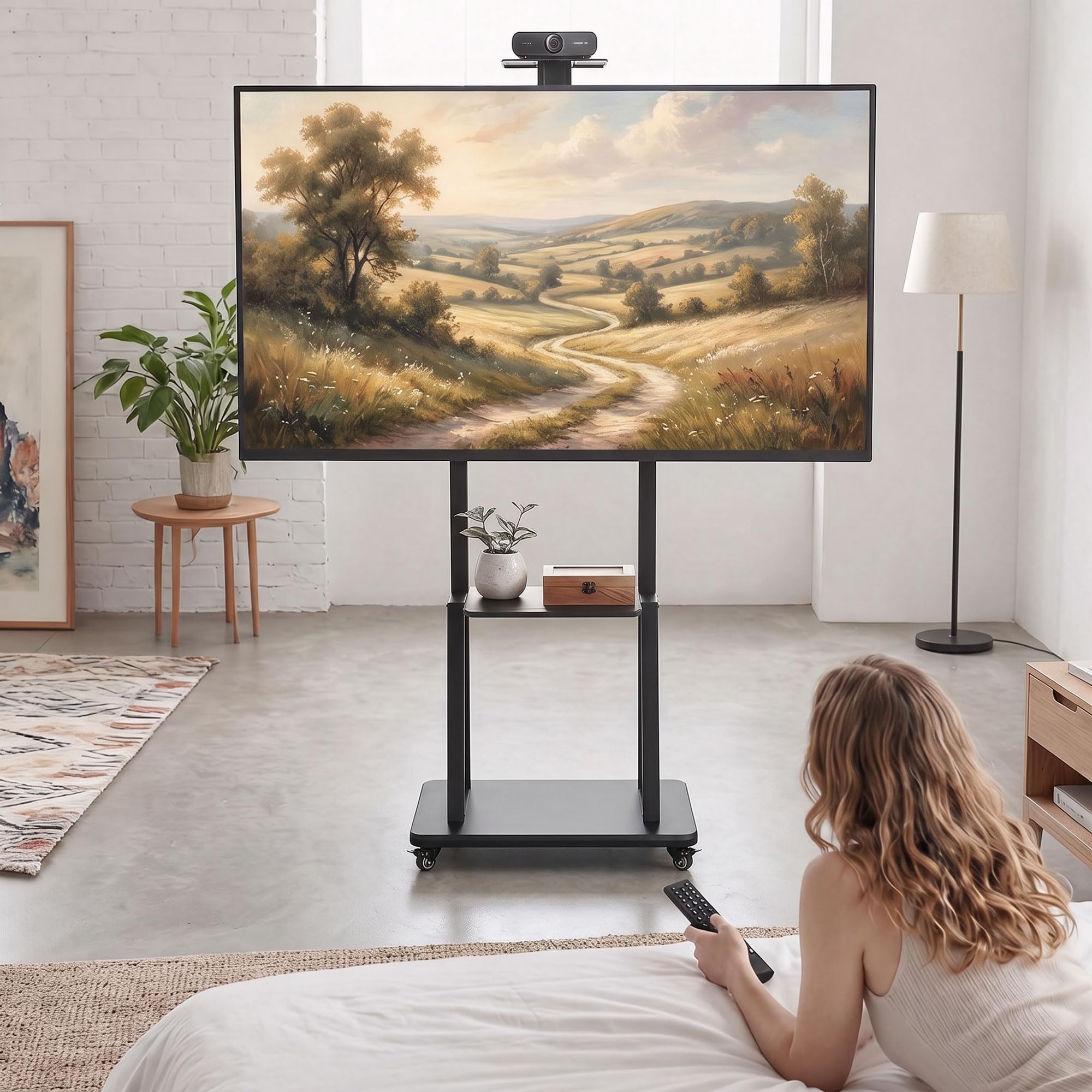 HOMCOM Supporto TV da Pavimento da 32-75 Pollici Max VESA 400x600 mm Nero | Carrello Porta TV, Altezza Regolabile, Ruote a Freno, Ripiano Multimediale, per Schermi LCD/LED/OLED, Carico Max. 50 kg