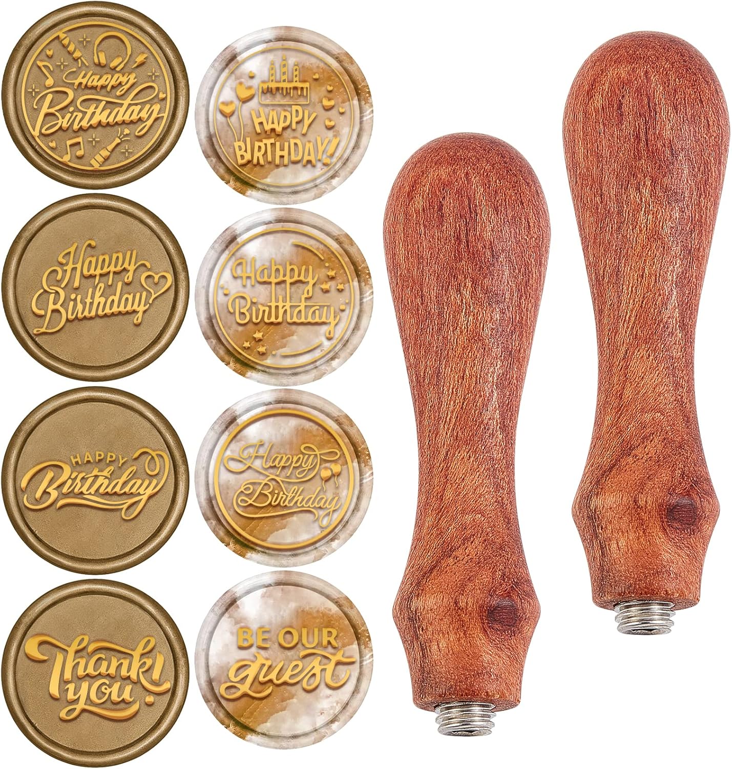 CRASPIRE Happy Birthday Wax Seal Stamp Heads Set Birthday Theme 8pcs Vintage Sealing Wax Stamps Heads Copper Seals, 2pcs Wooden Handle Wax Stamp Kit for Wedding Invitations Envelopes Cards Packages