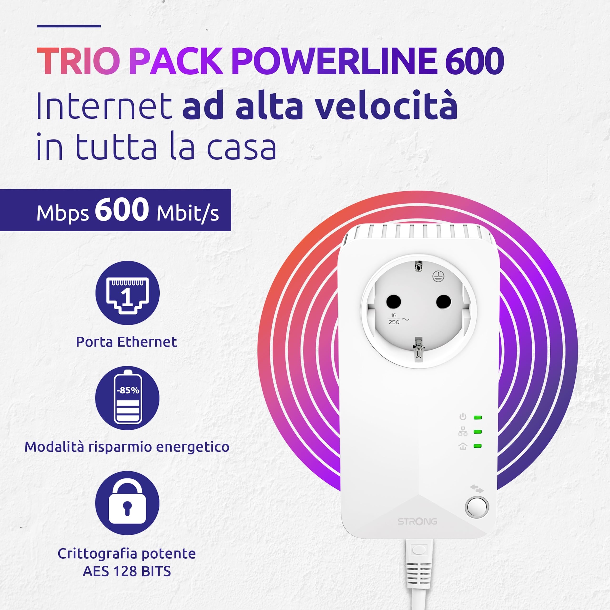 STRONG - Kit Powerline 600 - Tripla presa PLC - 600 Mbps - Compatibile Box/Router - 1 Porta Ethernet + Presa Filtrata - Installazione Plug & Play - Alta Velocità - Bianco