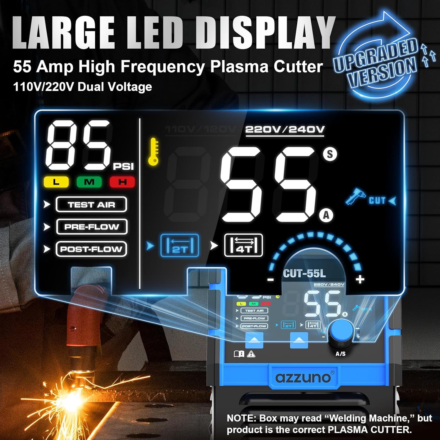 Close-up of the large LED display on the AZZUNO CUT-55L Plasma Cutter