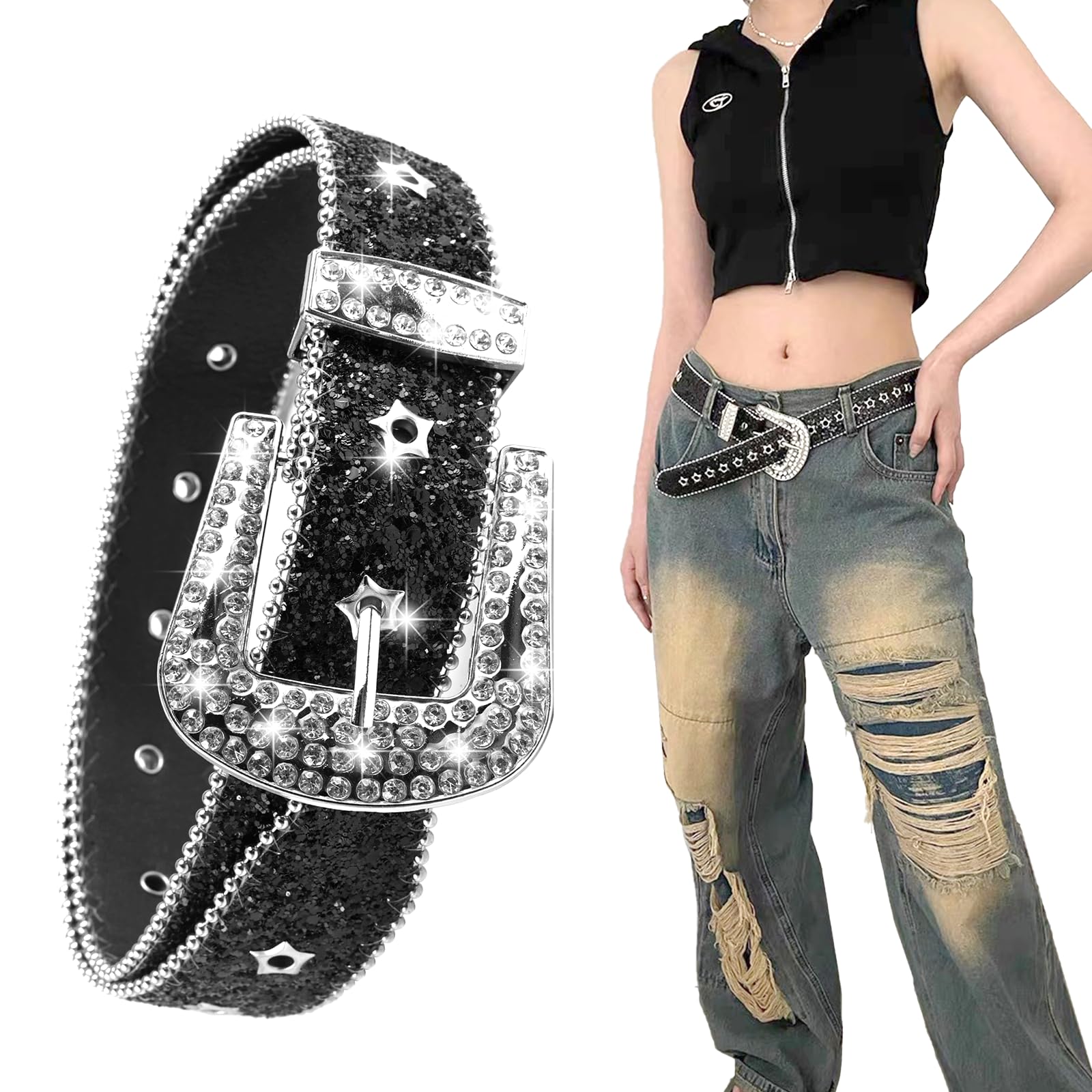 Glitter Western Cowboy Stijl Strass Riem Luxe Bling Bling Diamond Crystal Studded Riemen Voor Jeans Broek Jurk, Zilver, 105cm/Suit for Waist 78cm-95cm
