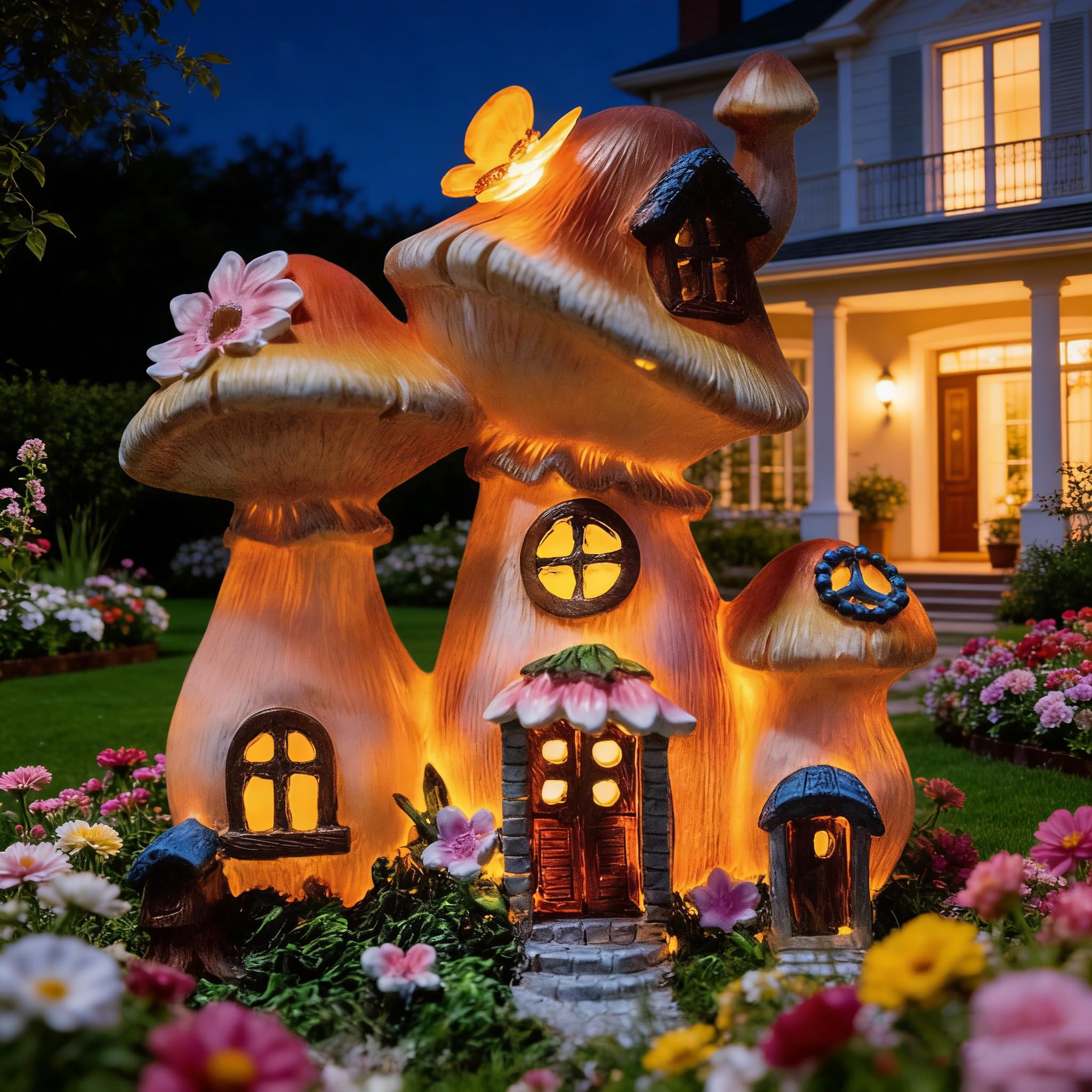 atibi Fairy Garden Ornament Outdoor,Solar Powered LED Fairy House for Garden Waterproof Resin Dwelling Ornament Night Light for Home Yard Decoration (3 Mushrooms)