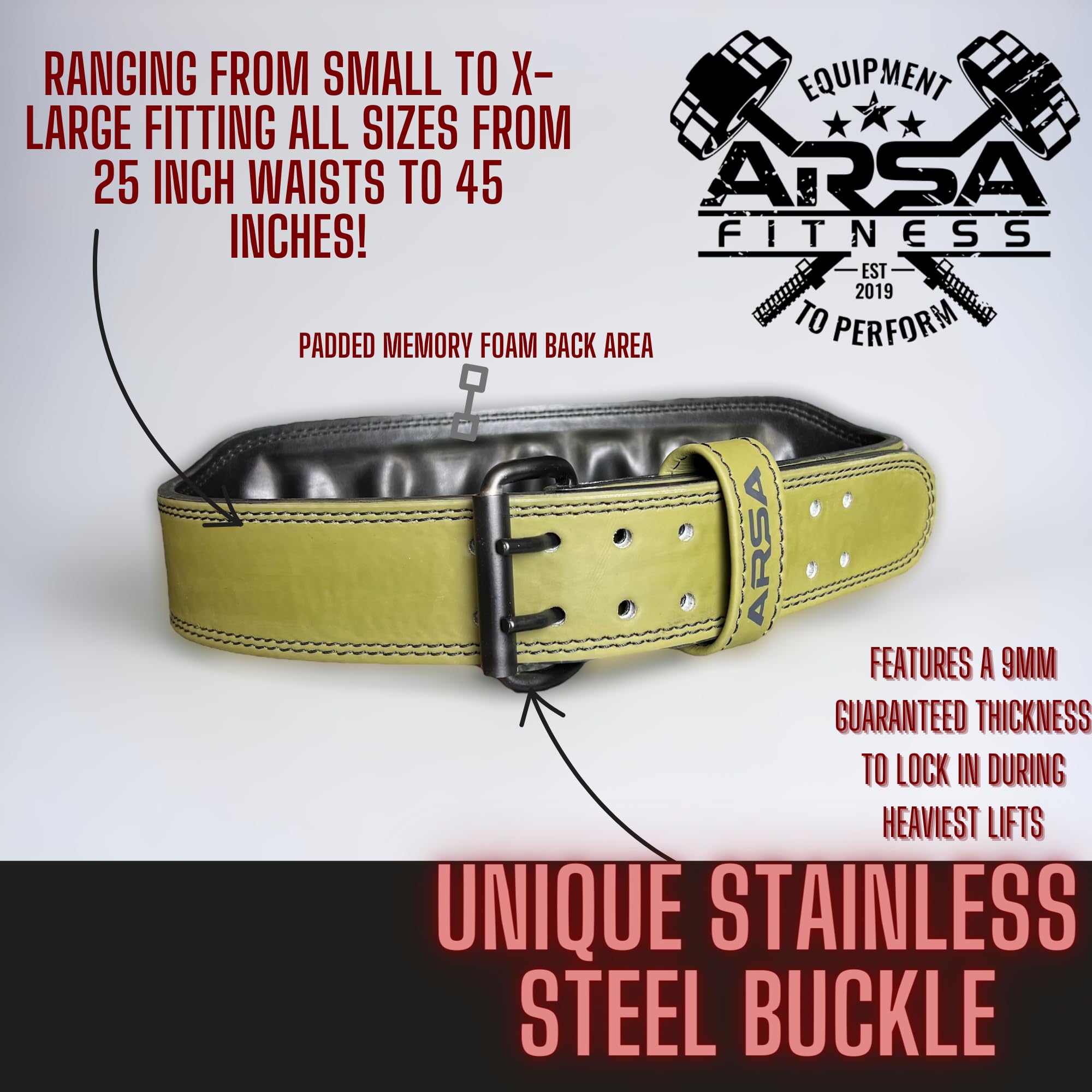 Arsa Fitness Premium Leather 9MM Thickness Weightlifting Belt for Men and Women, Reducing Back Strain, Crossfit, Bodybuilding, Powerlifting, and Strength Training (X-LARGE, GREEN)