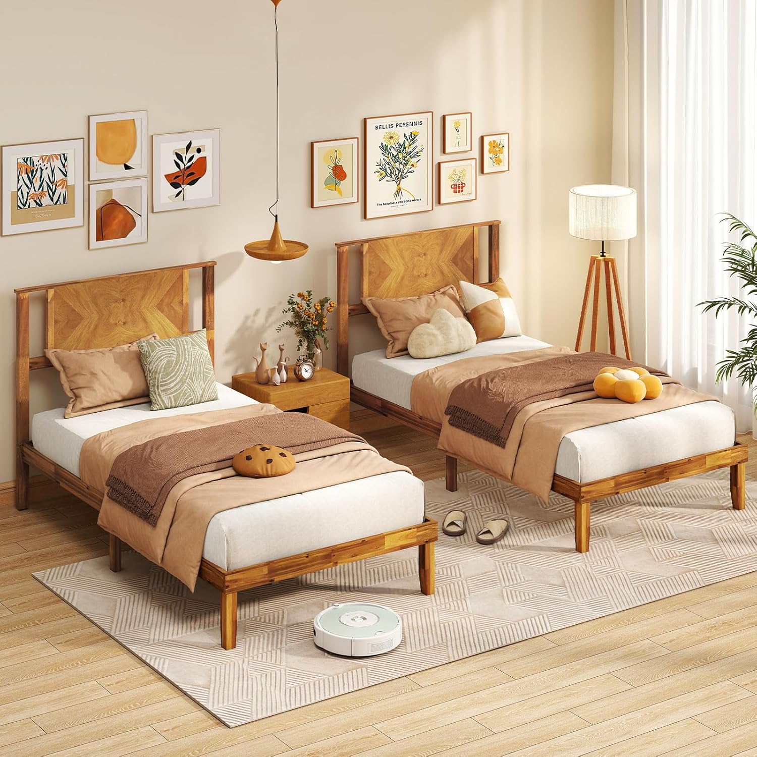 Giantex Wood Twin Bed Frames with Headboard, Mid-Century Modern Acacia Wood Platform Bed, Wooden Slats Support, Twin Bed Frames for Kids Adults Guests, No Box Spring Needed, Caramel